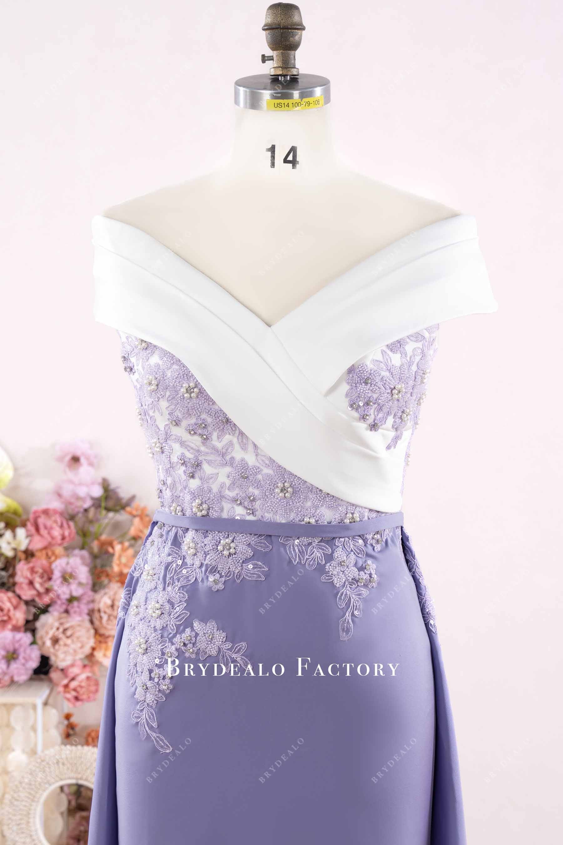 off-shoulder pleated mother of bride dress