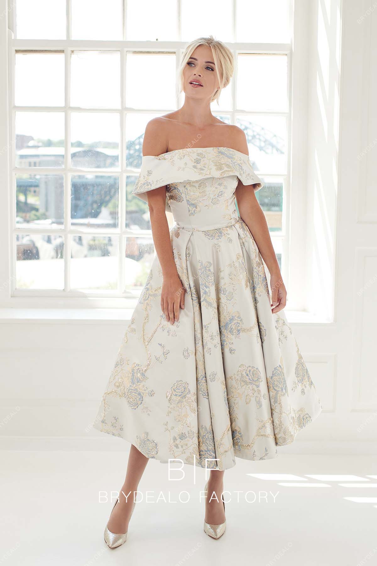 off shoulder print tea length bridal gown