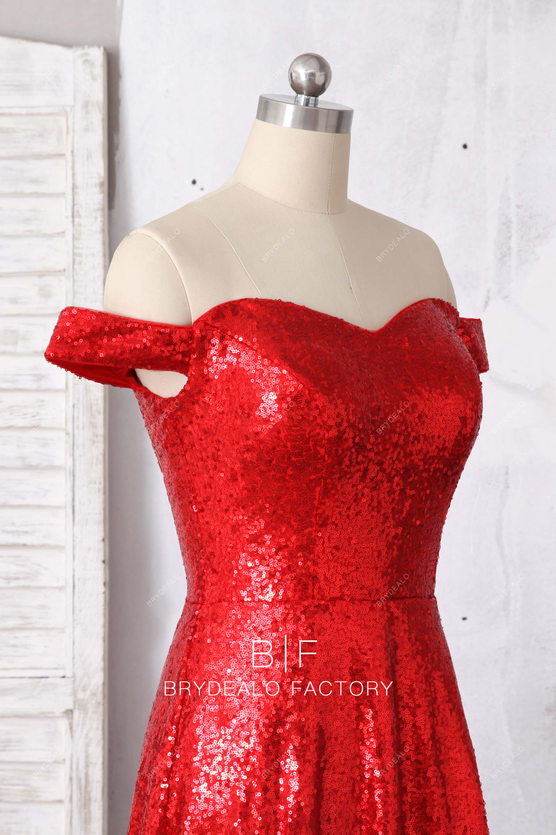 sparkly red sequin off shoulder prom dress