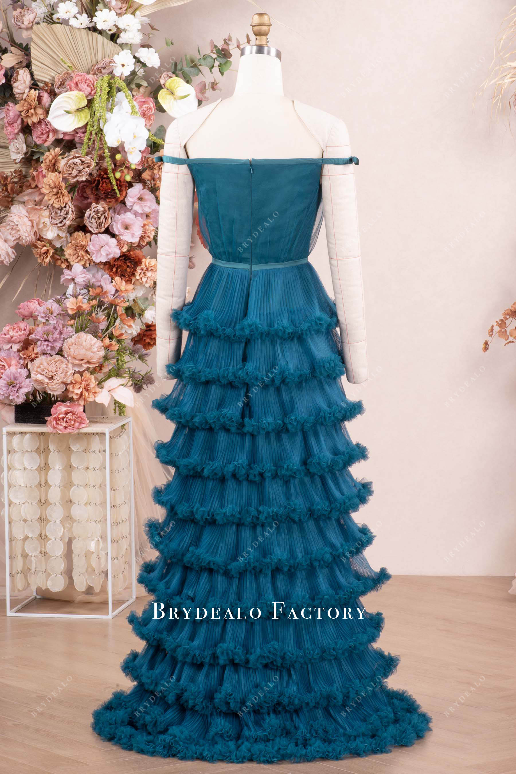 off shoulder ruffled sweep train formal dress