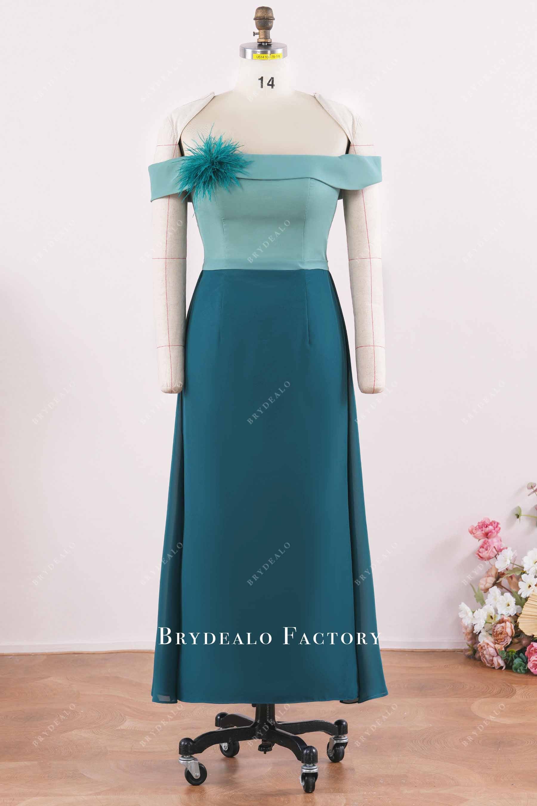 off-shoulder sage peacock dress