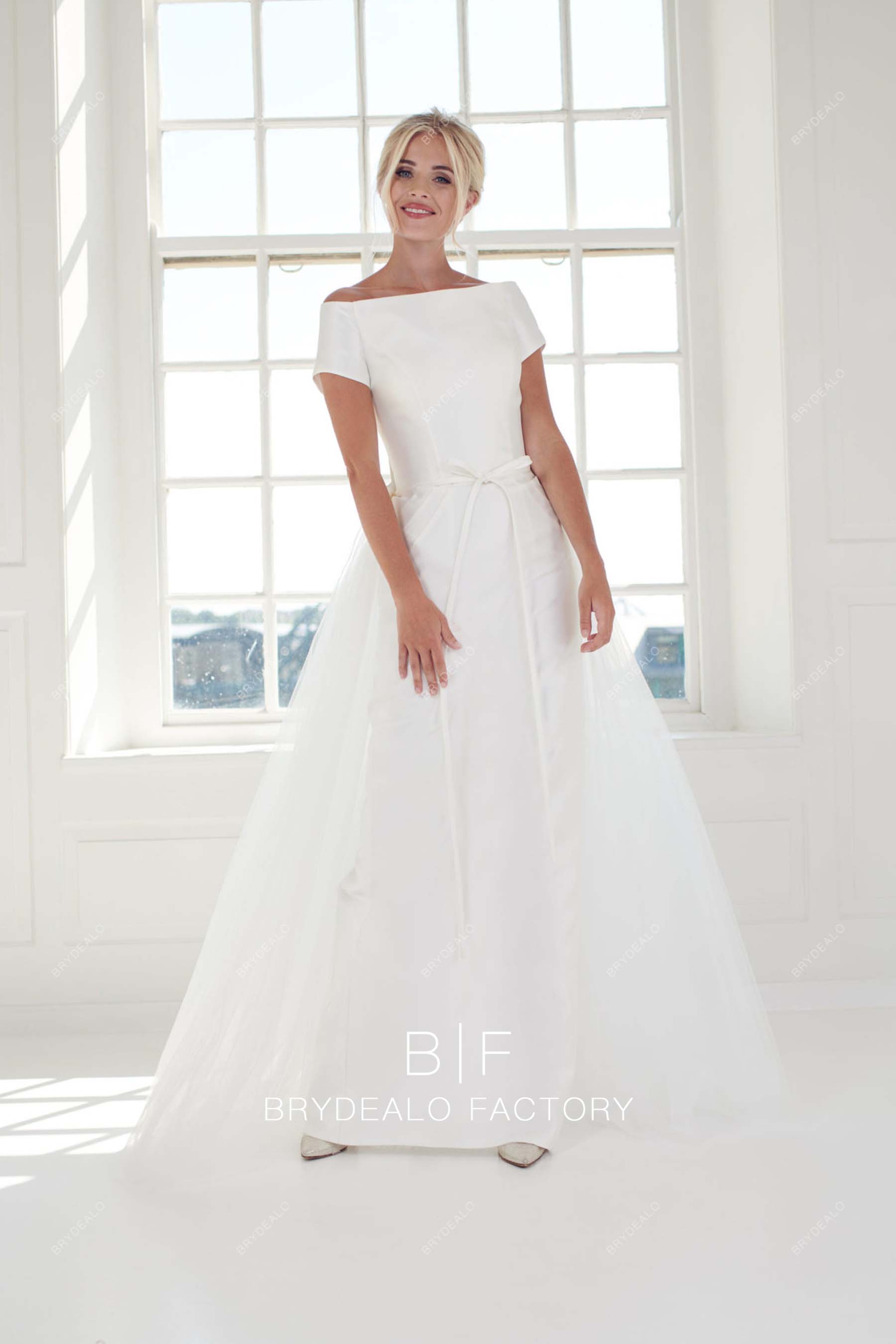 off shoulder satin fall wedding dress overskirt