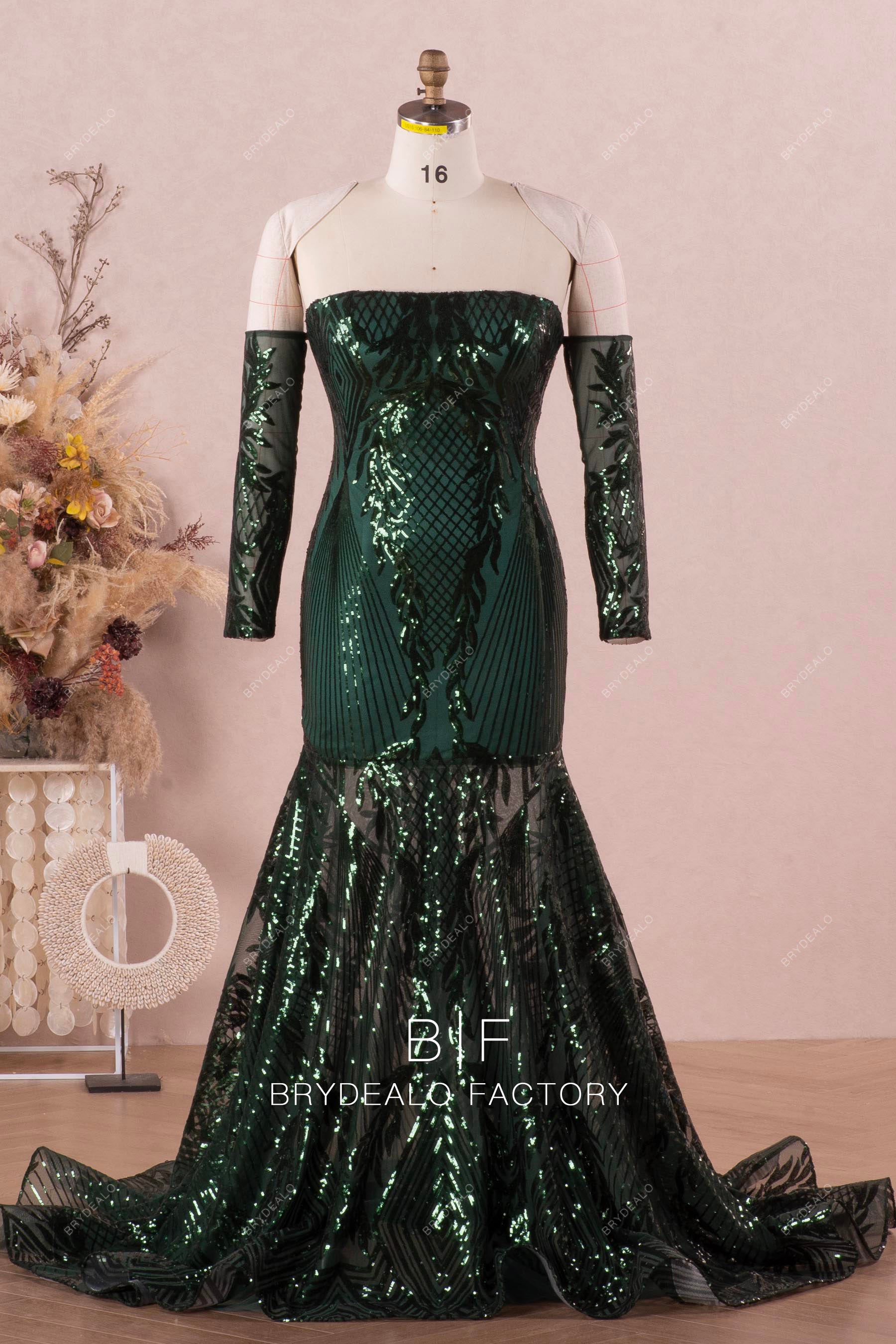 Sparkly Dark Green Straight Neck Sleeved Prom Dress