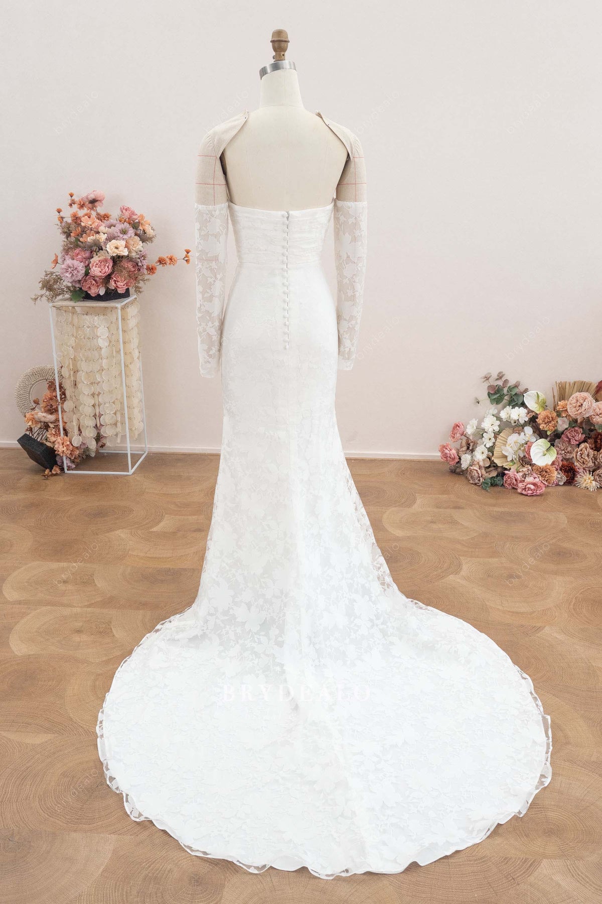 off-shoulder sleeves sweep train wedding dress