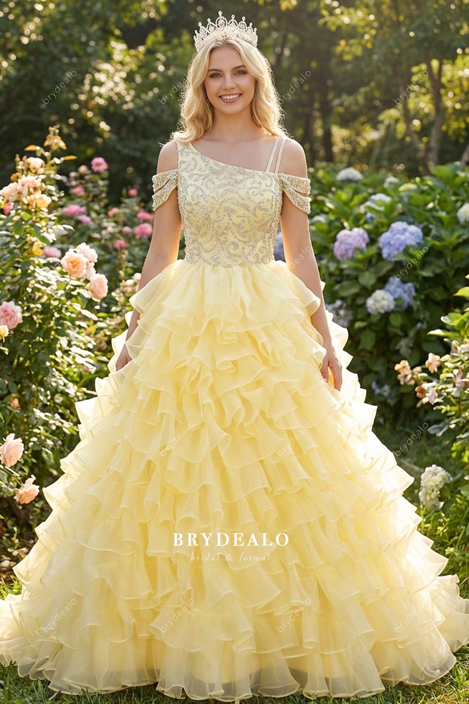 off-shoulder straps ruffled pageant gown