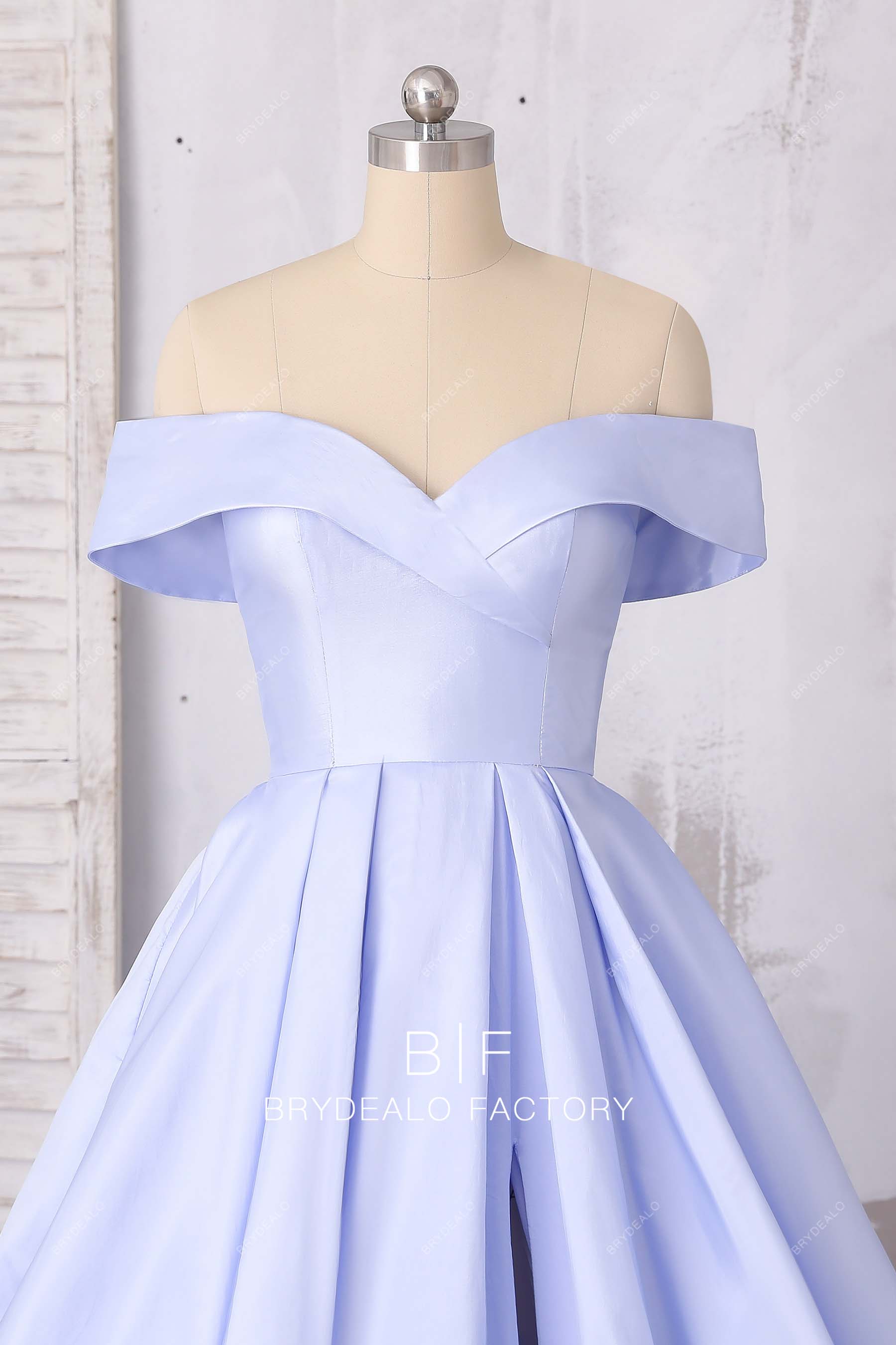 Lavender Satin Off Shoulder Sexy Leg Slit A-line Prom Dress