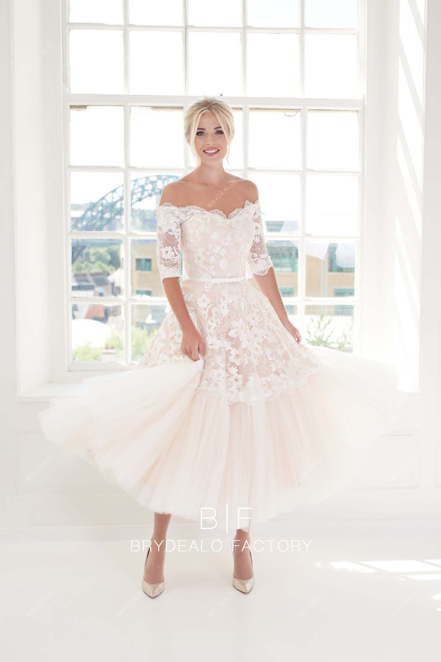 off shoulder tea length outdoor wedding gown