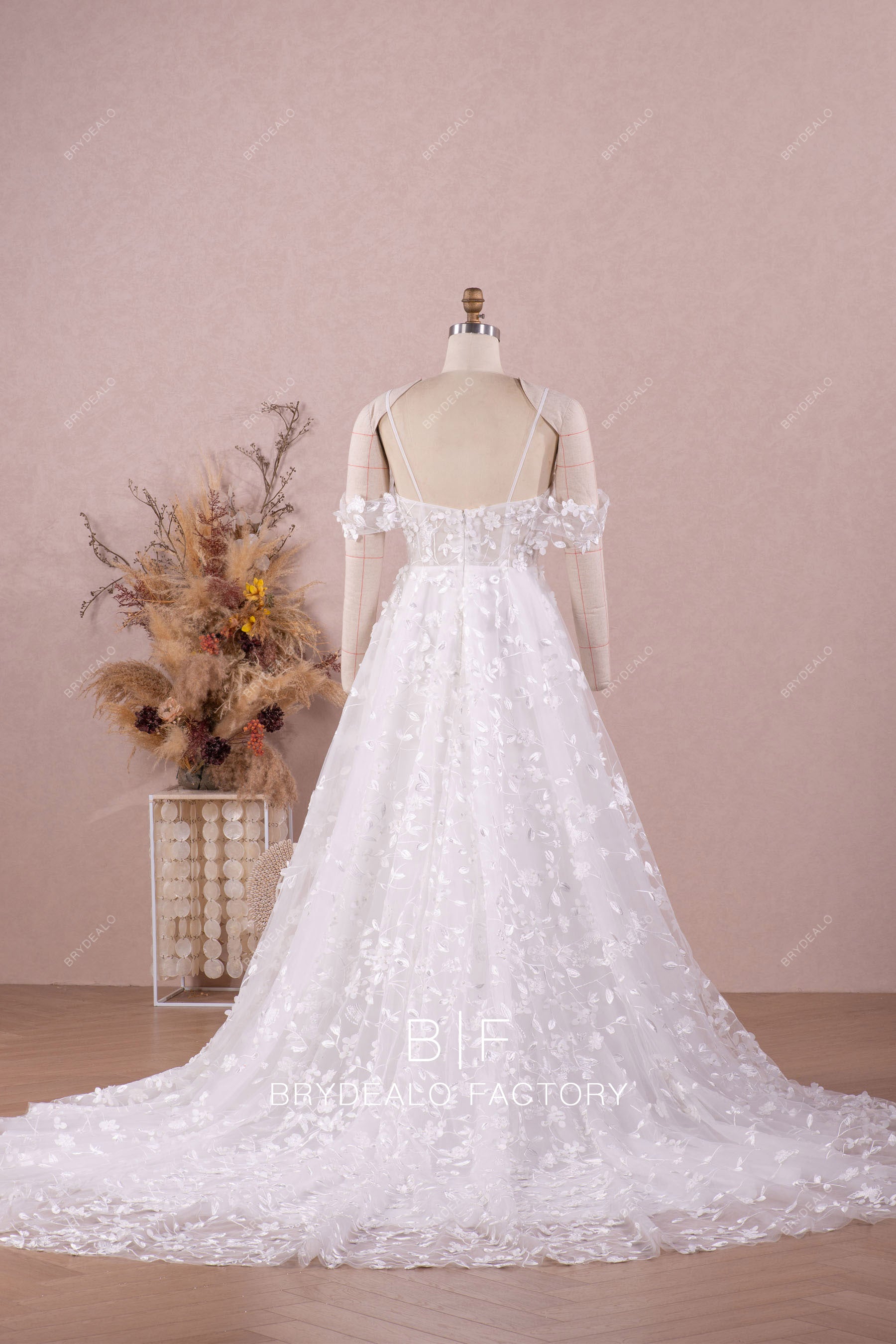 off shoulder thin straps long lace wedding dress