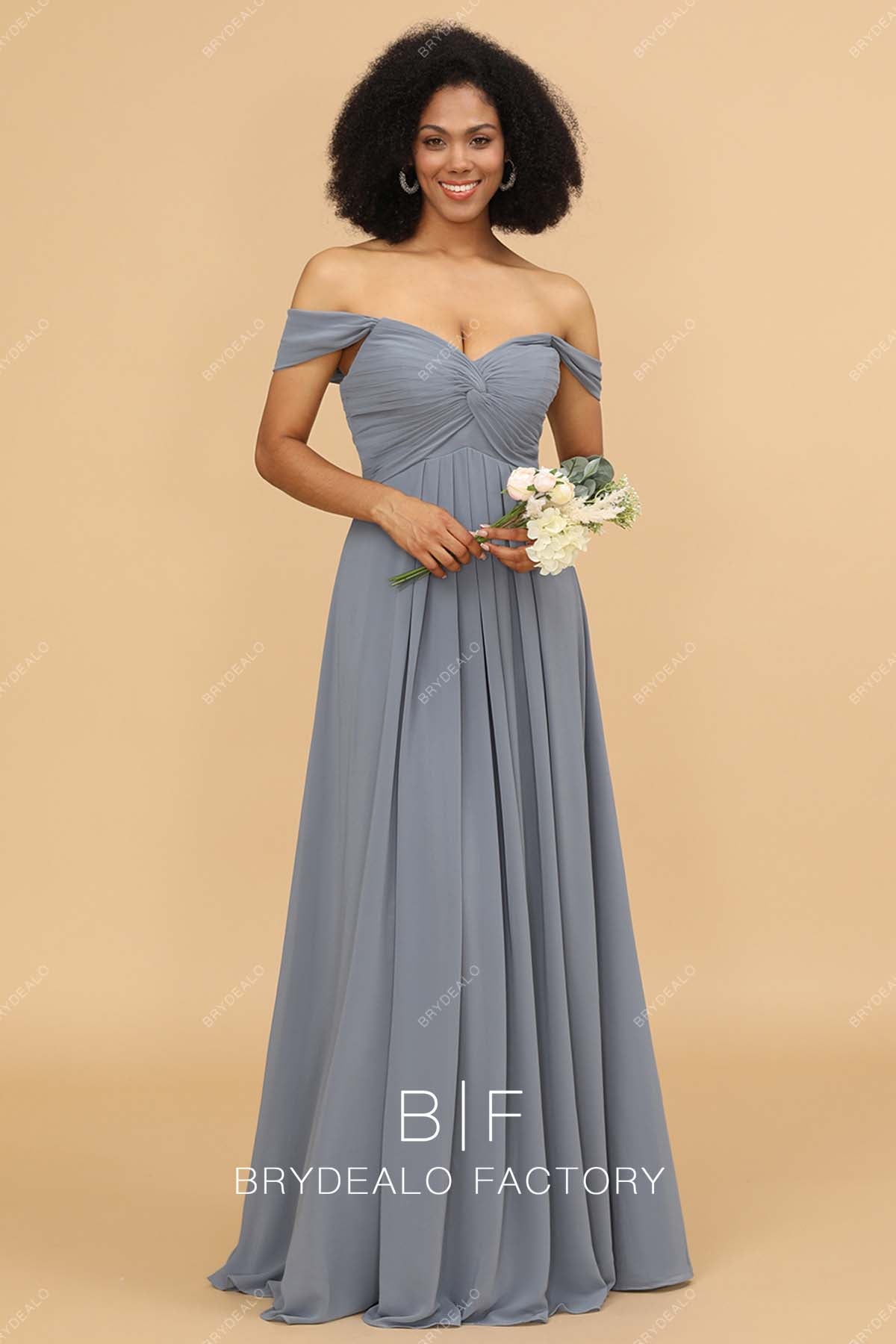 Silver Ruched Off the Shoulder A-line Bridesmaid Dress