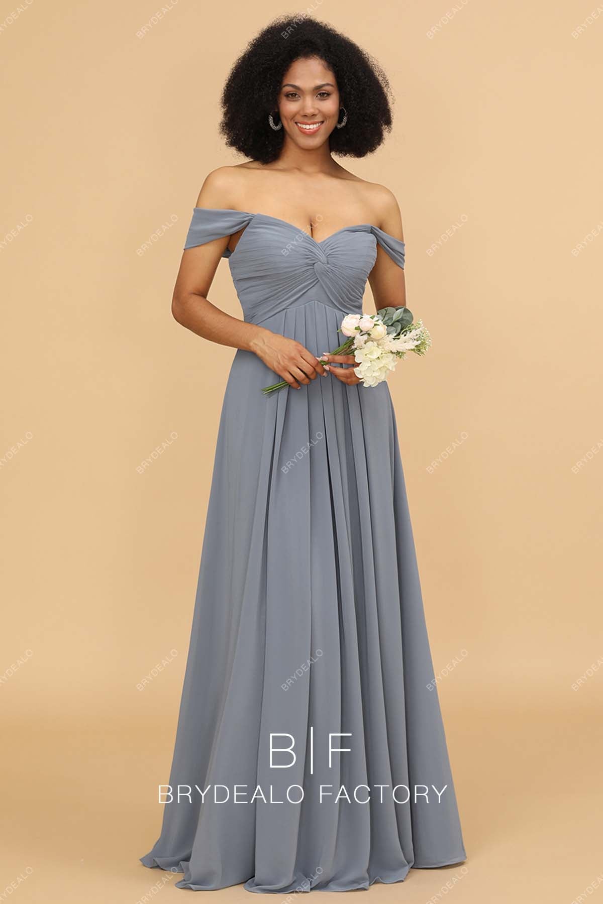 Silver Ruched Off the Shoulder A-line Bridesmaid Dress