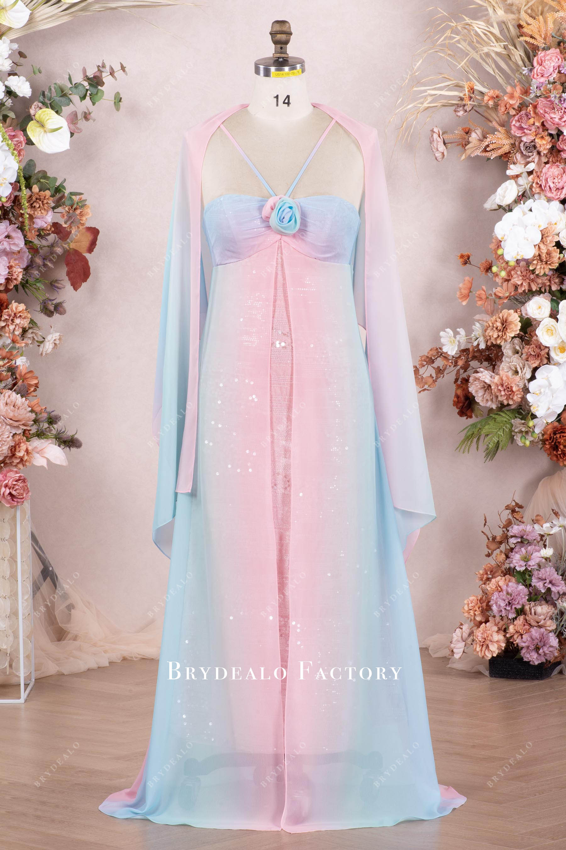ombre chiffon Aline bridesmaid dress with shawl