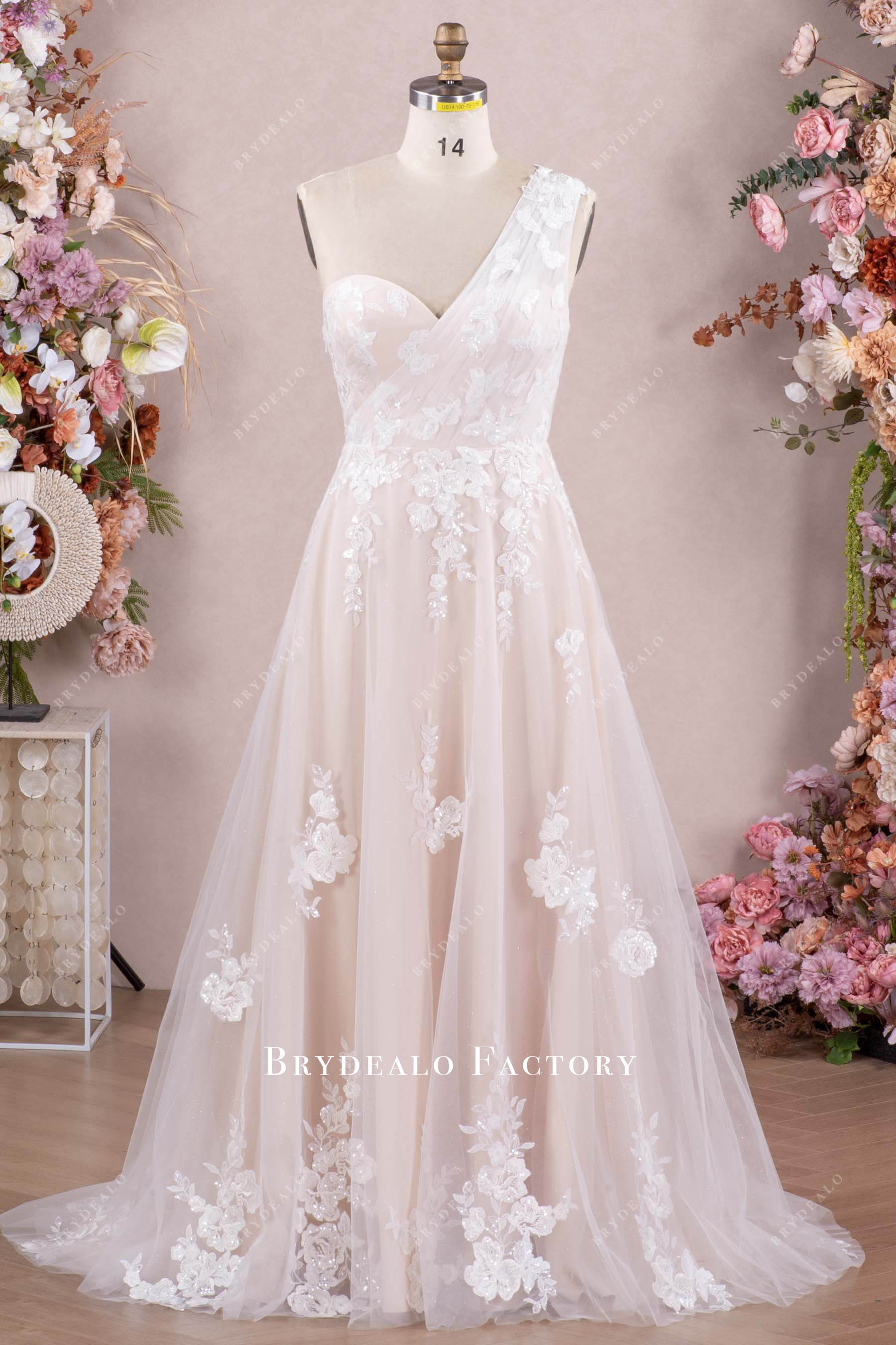 one shoulder A-line shimmery lace wedding dress