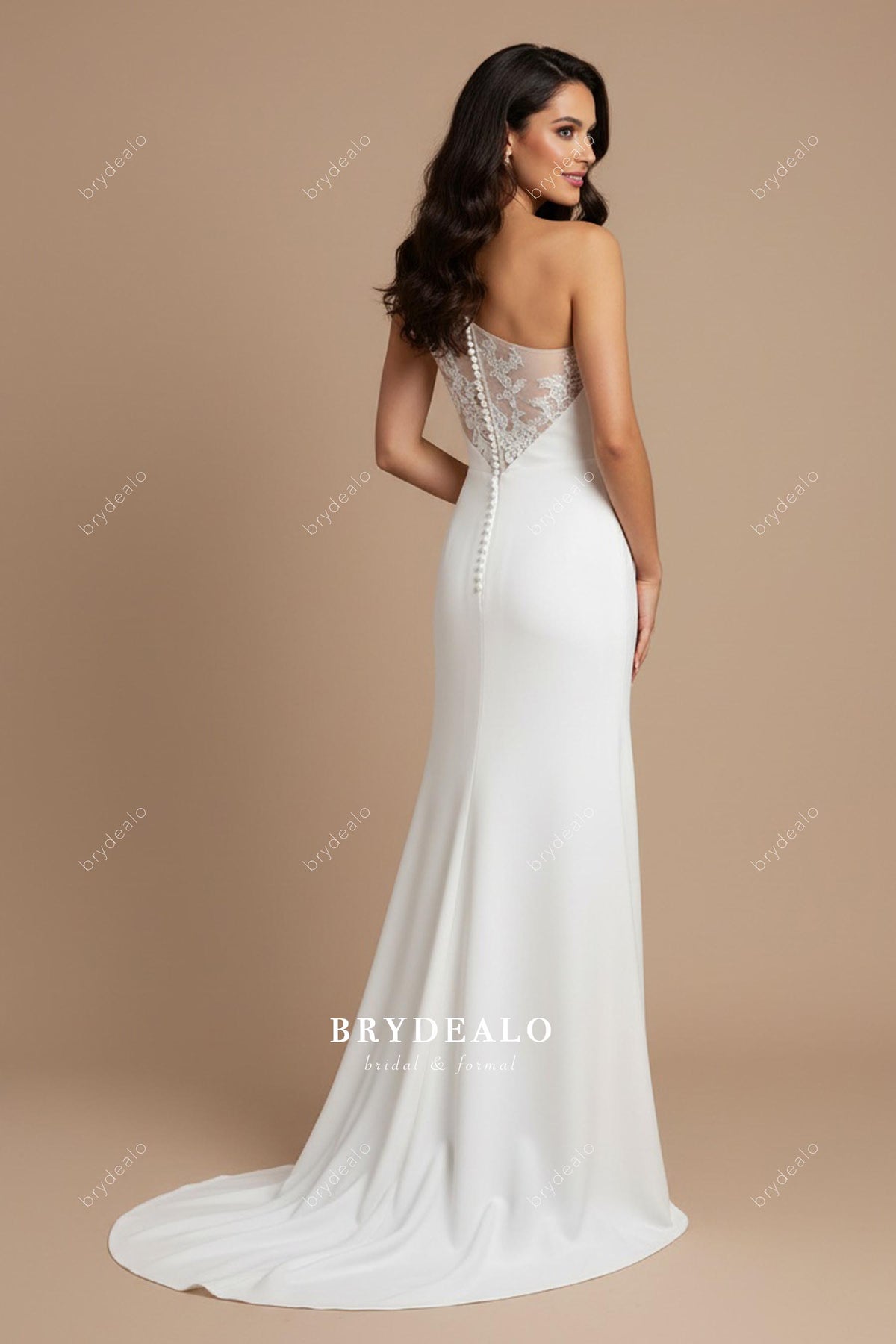 One Shoulder Illusion Lace Buttoned Back Wedding Dress