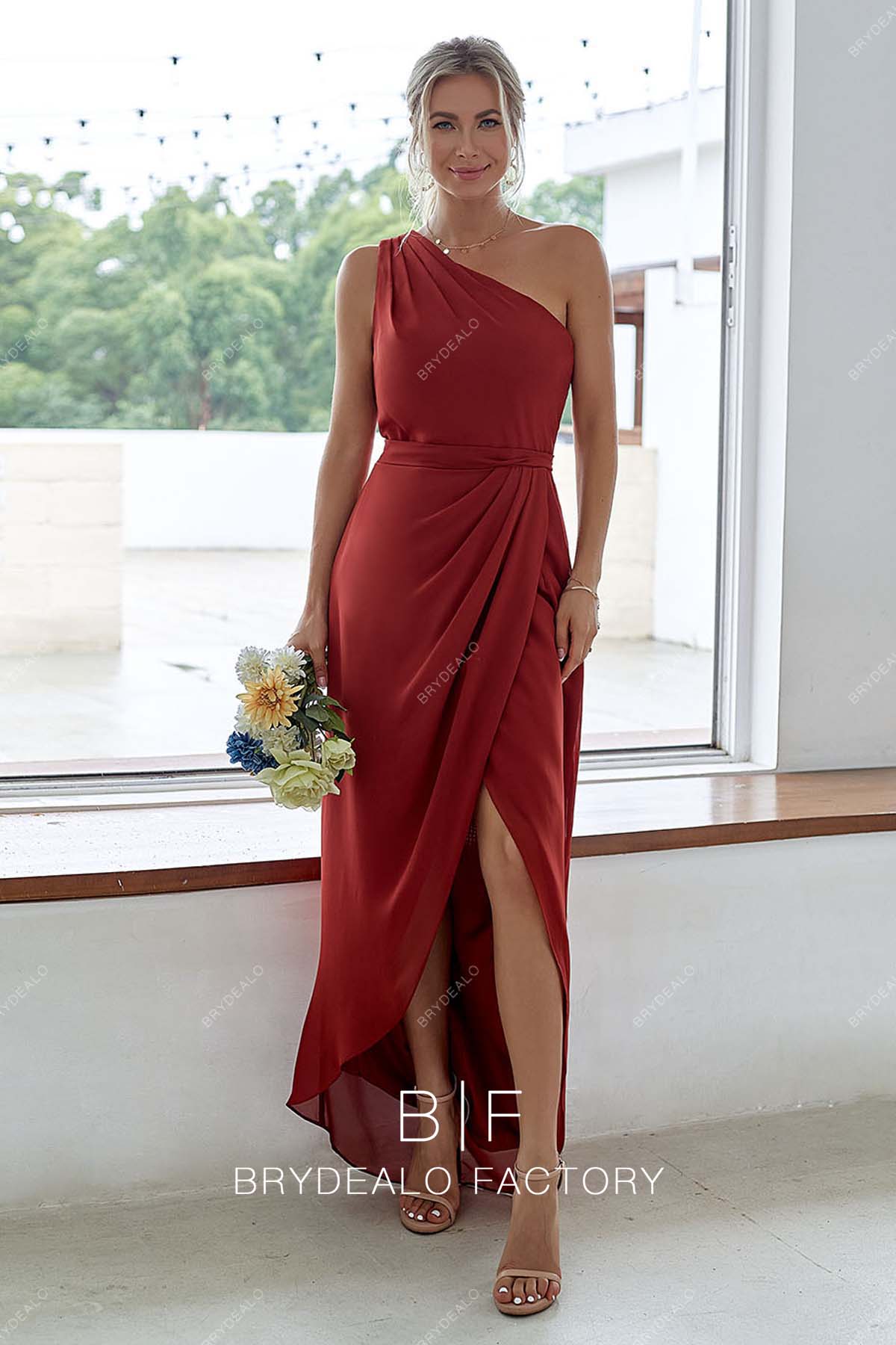 Red One-shoulder High-Low Wrap Chiffon Bridesmaid Gown Red One-shoulder High-Low Wrap Chiffon Bridesmaid Gown