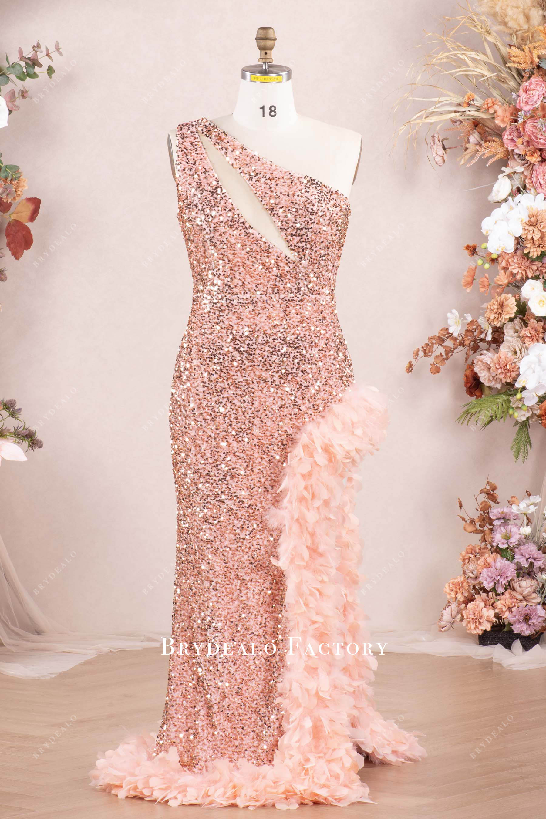 Sparkly Velvet Sequin One Shoulder Feather Prom Dress