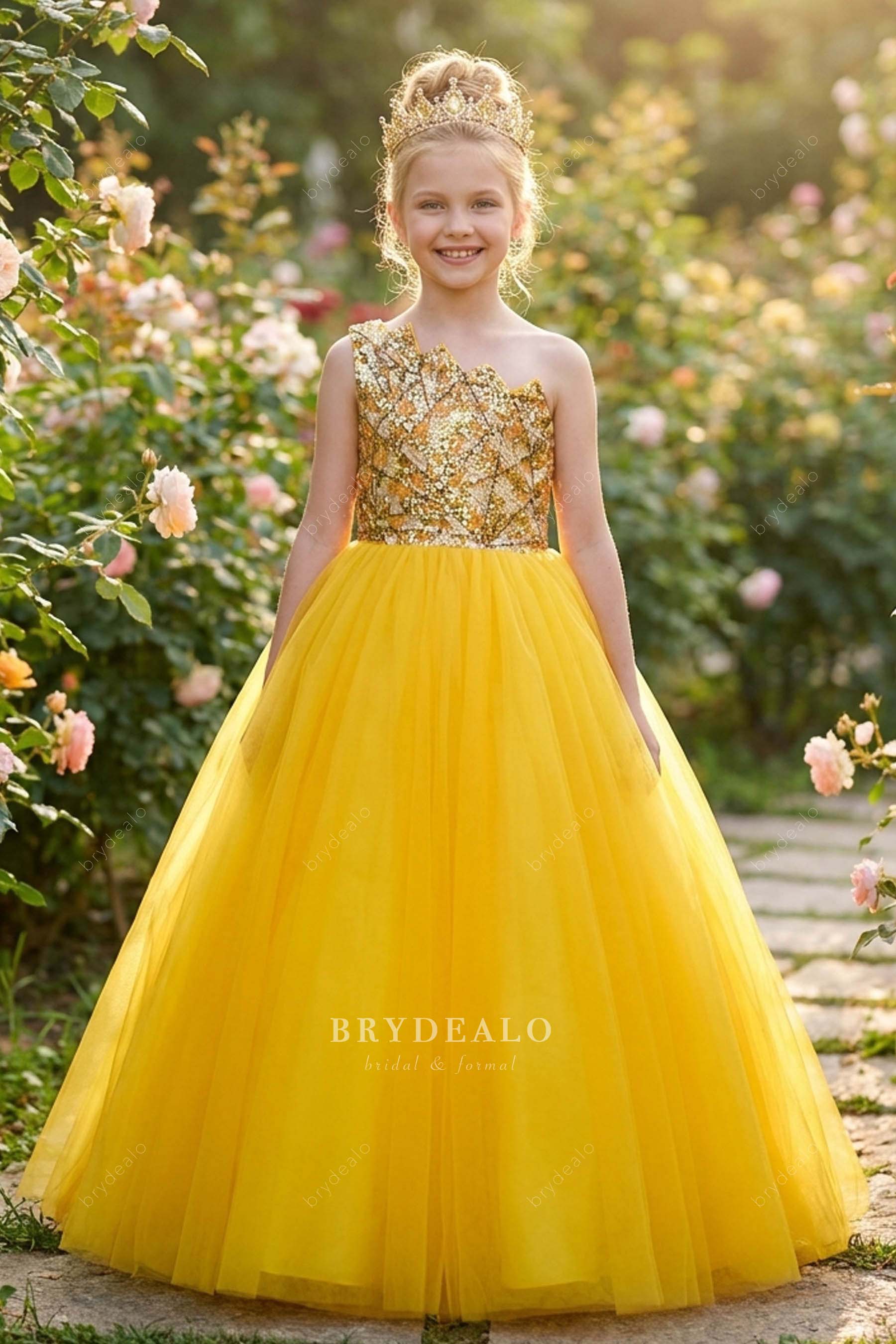 one-shoulder gold kids pageant gown