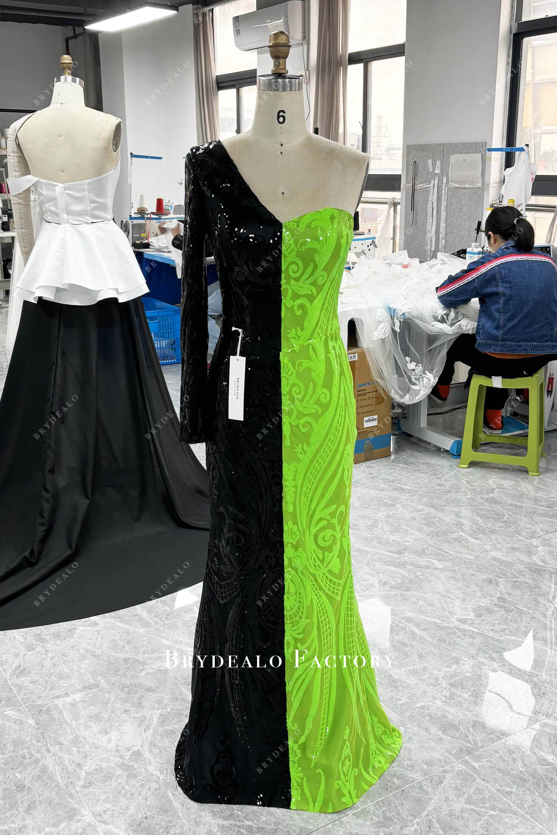 one sleeve black green sequin prom dress