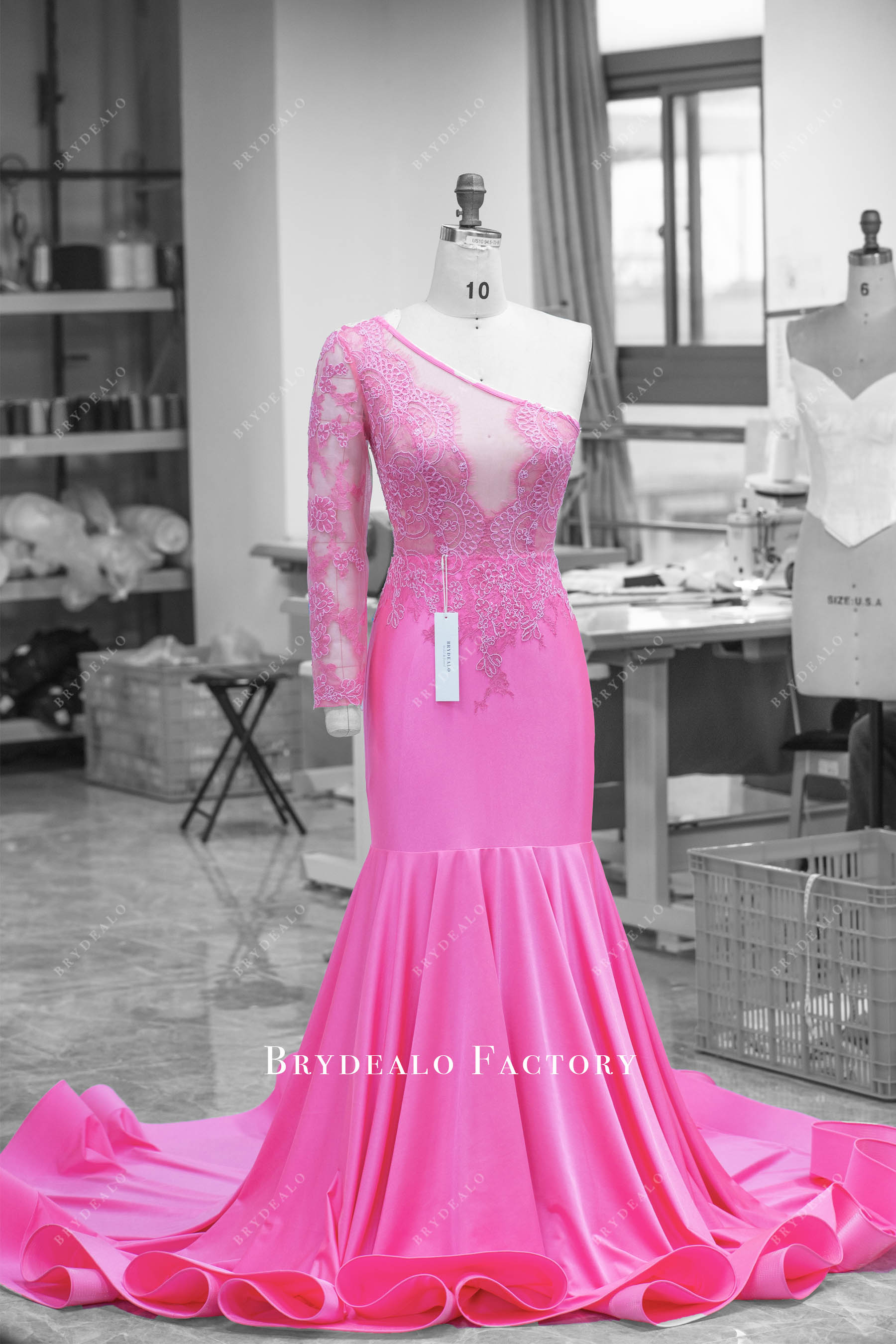 one sleeve pink ruffled mermaid formal dress