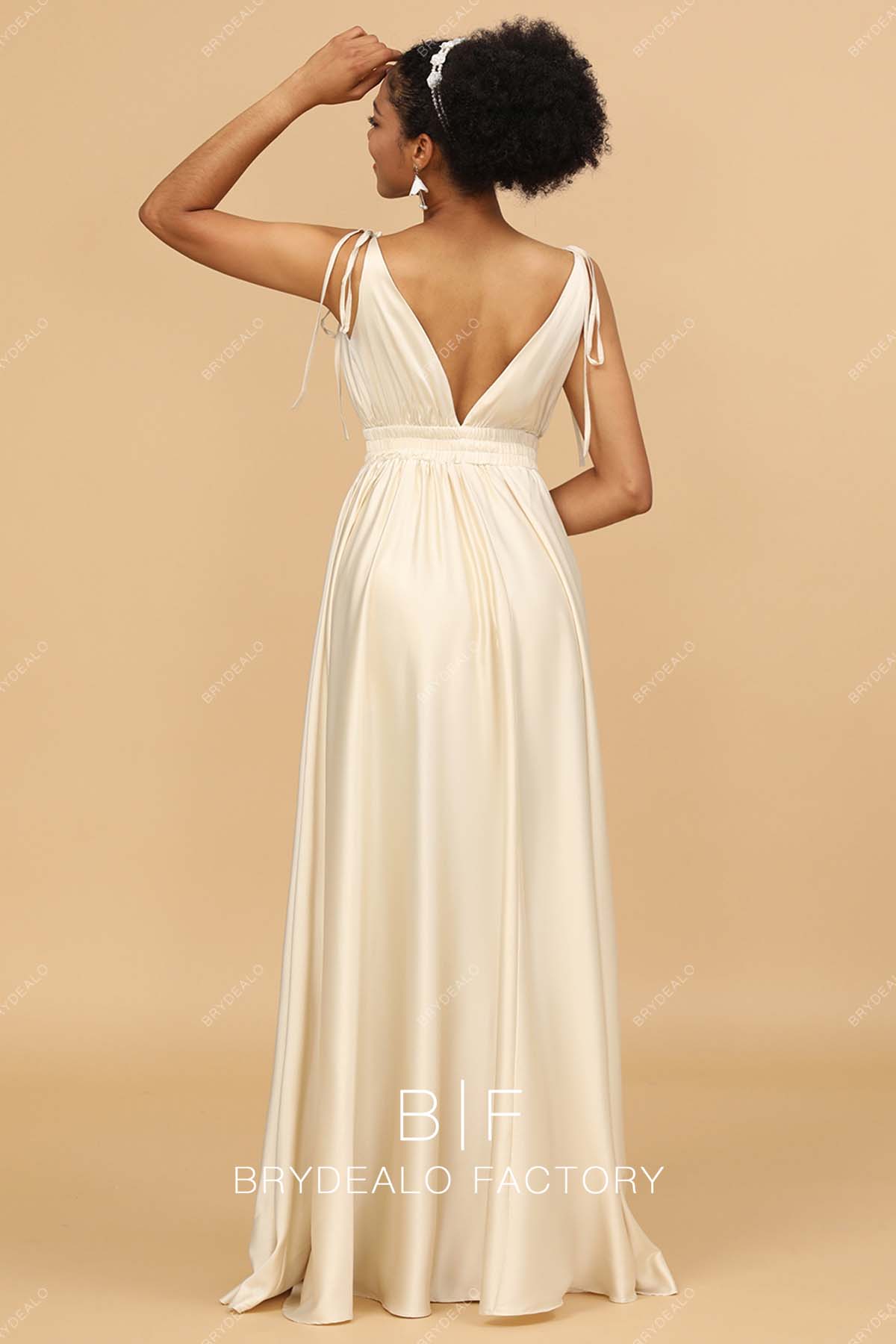 Ivory Open V-back Sleeveless Satin Bridesmaid Gown