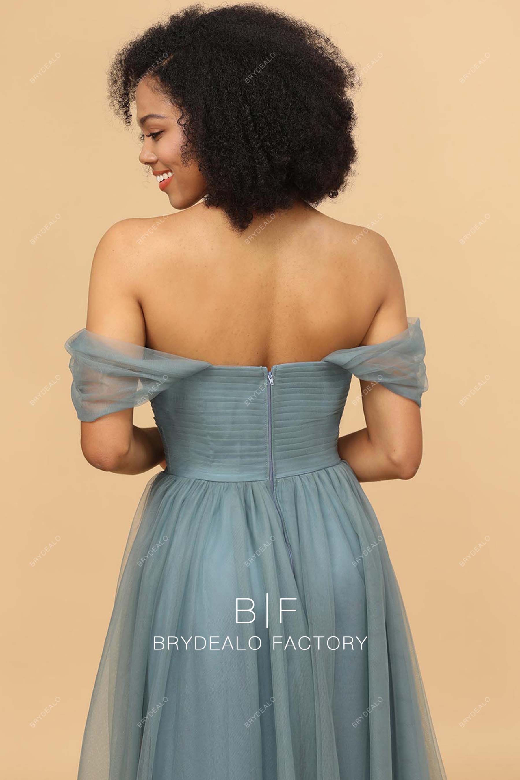 open back ruched tulle bridesmaid dress