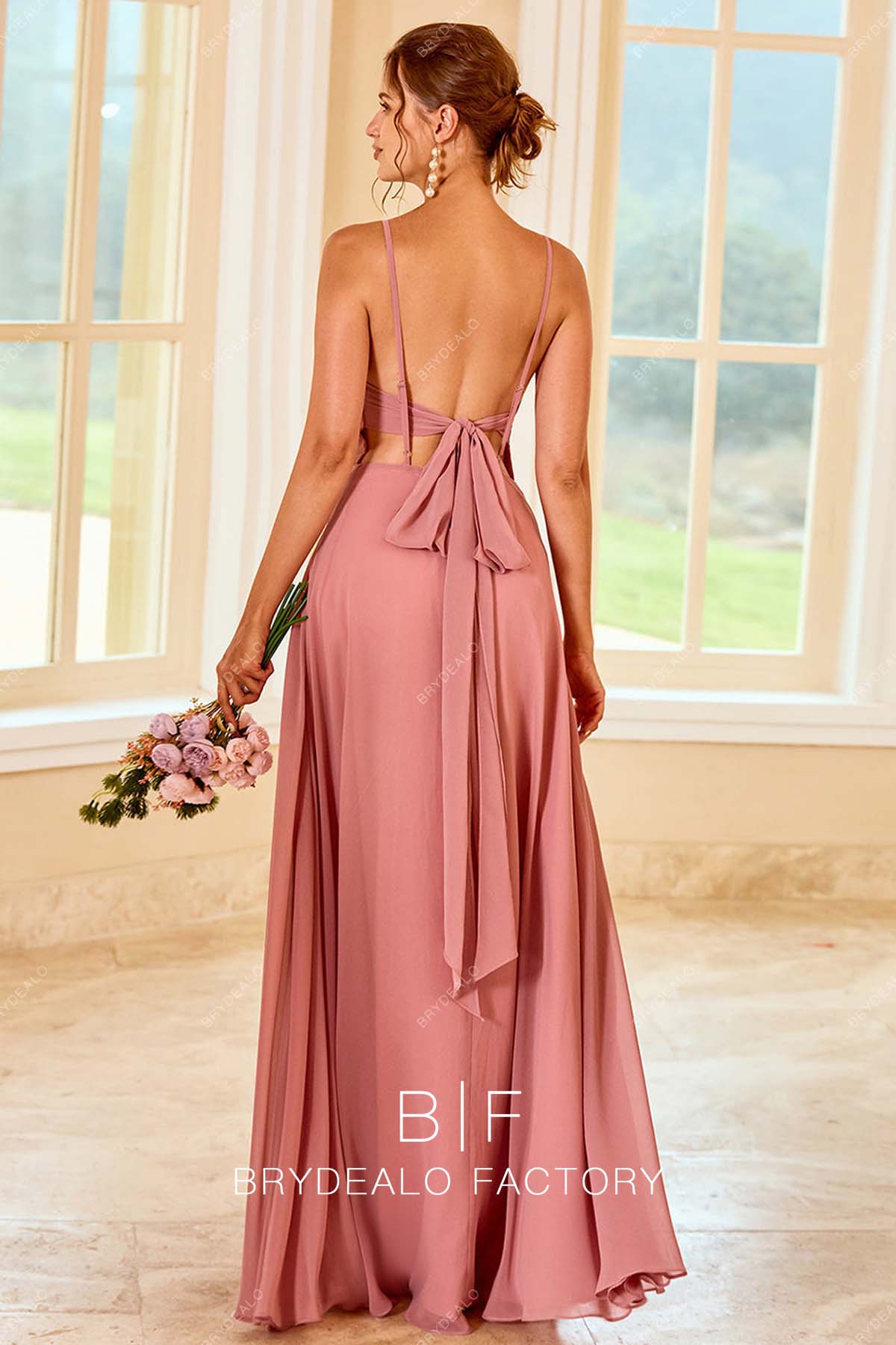 Dusty Rose Open Back Chiffon Floor Length Bridesmaid Dress