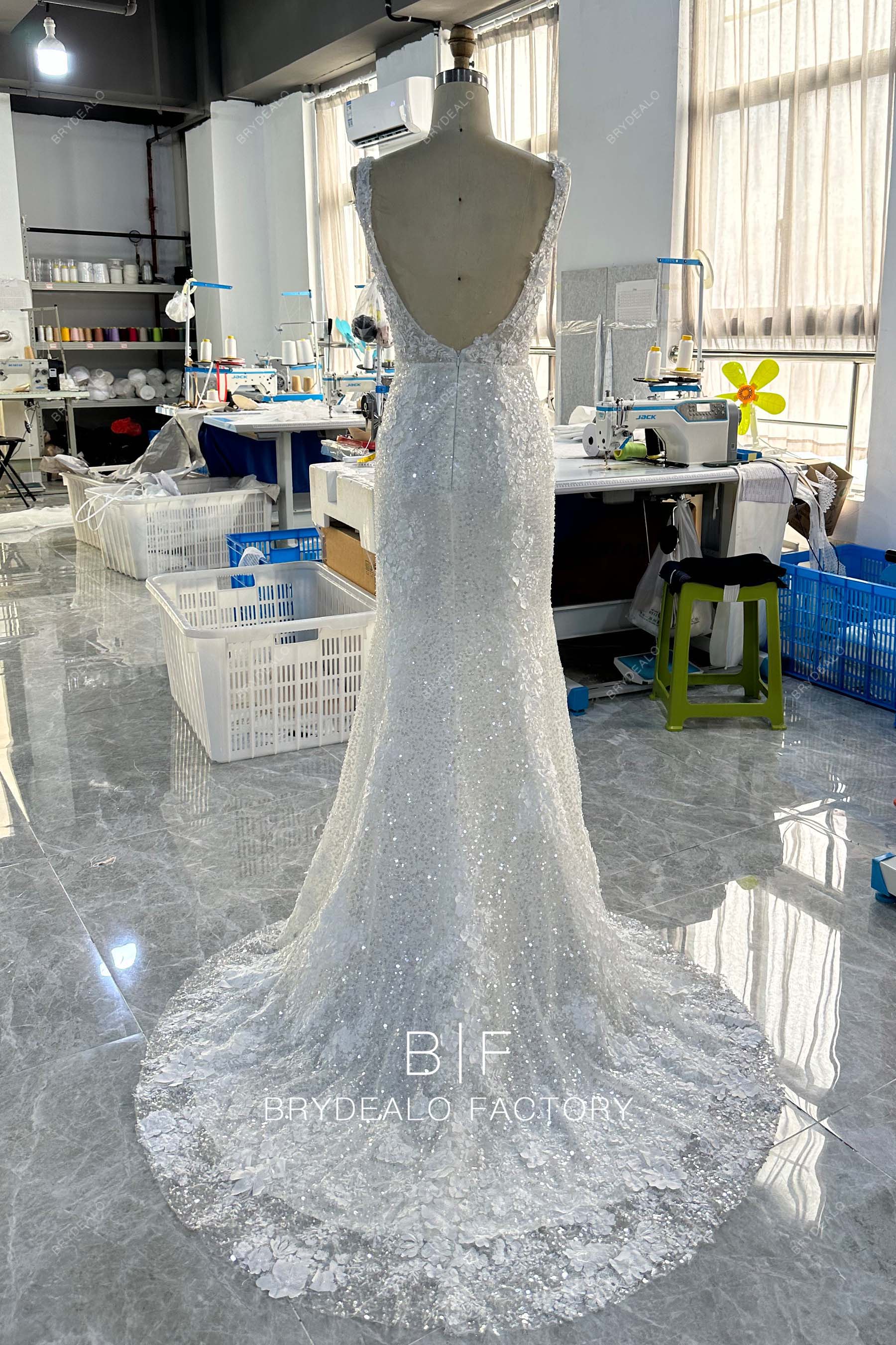 sparkly sequins open back court train bridal gown