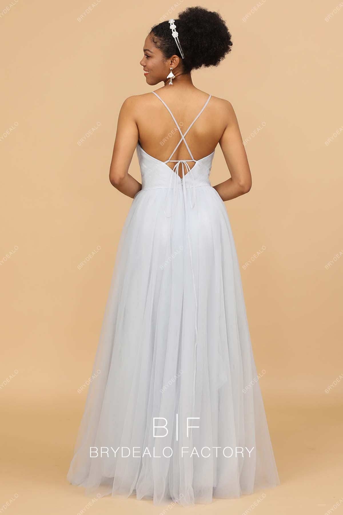 Ice Blue Open Back Tulle Floor Length Bridesmaid Dress