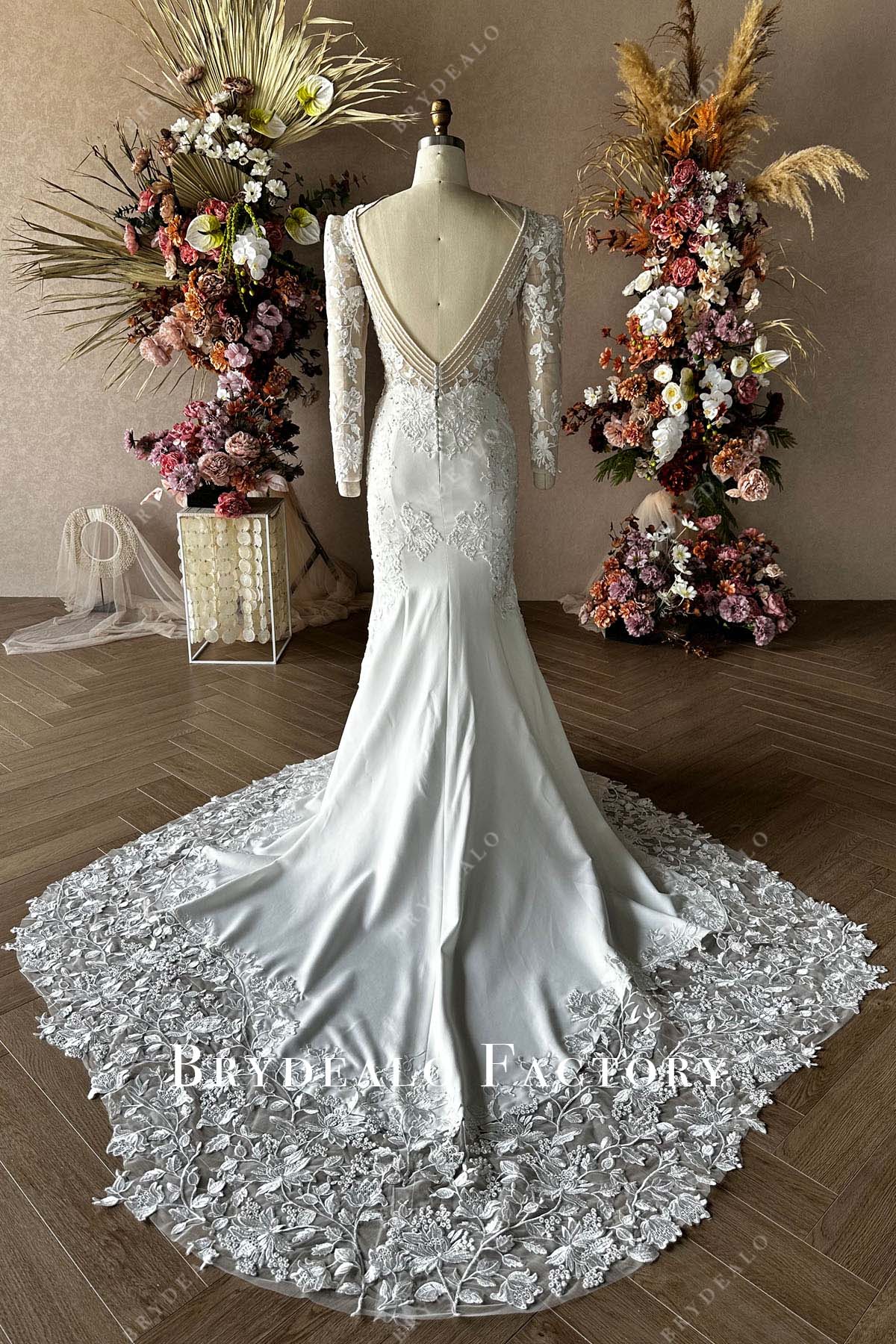 custom open back long train wedding gown