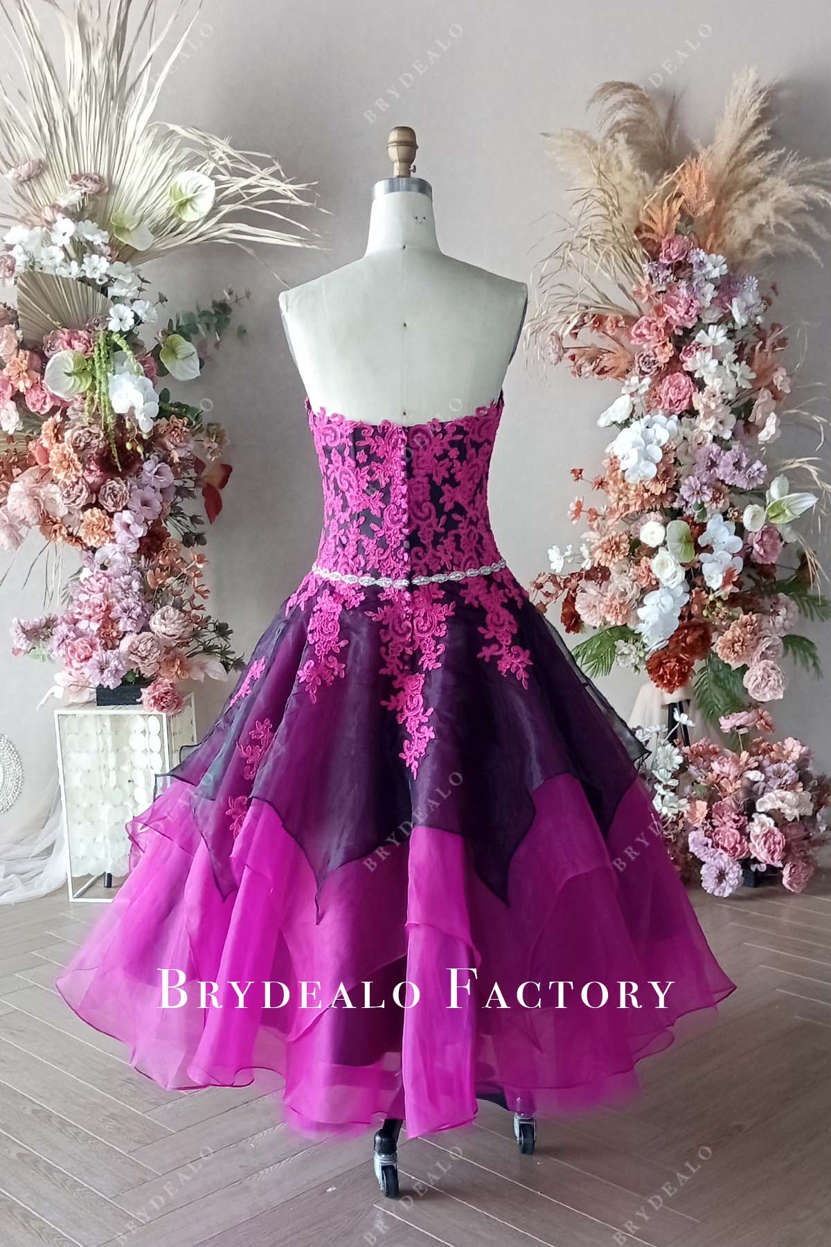 Private Label Custom Fuchsia Lace Organza Black Satin Cloak Hood Dress