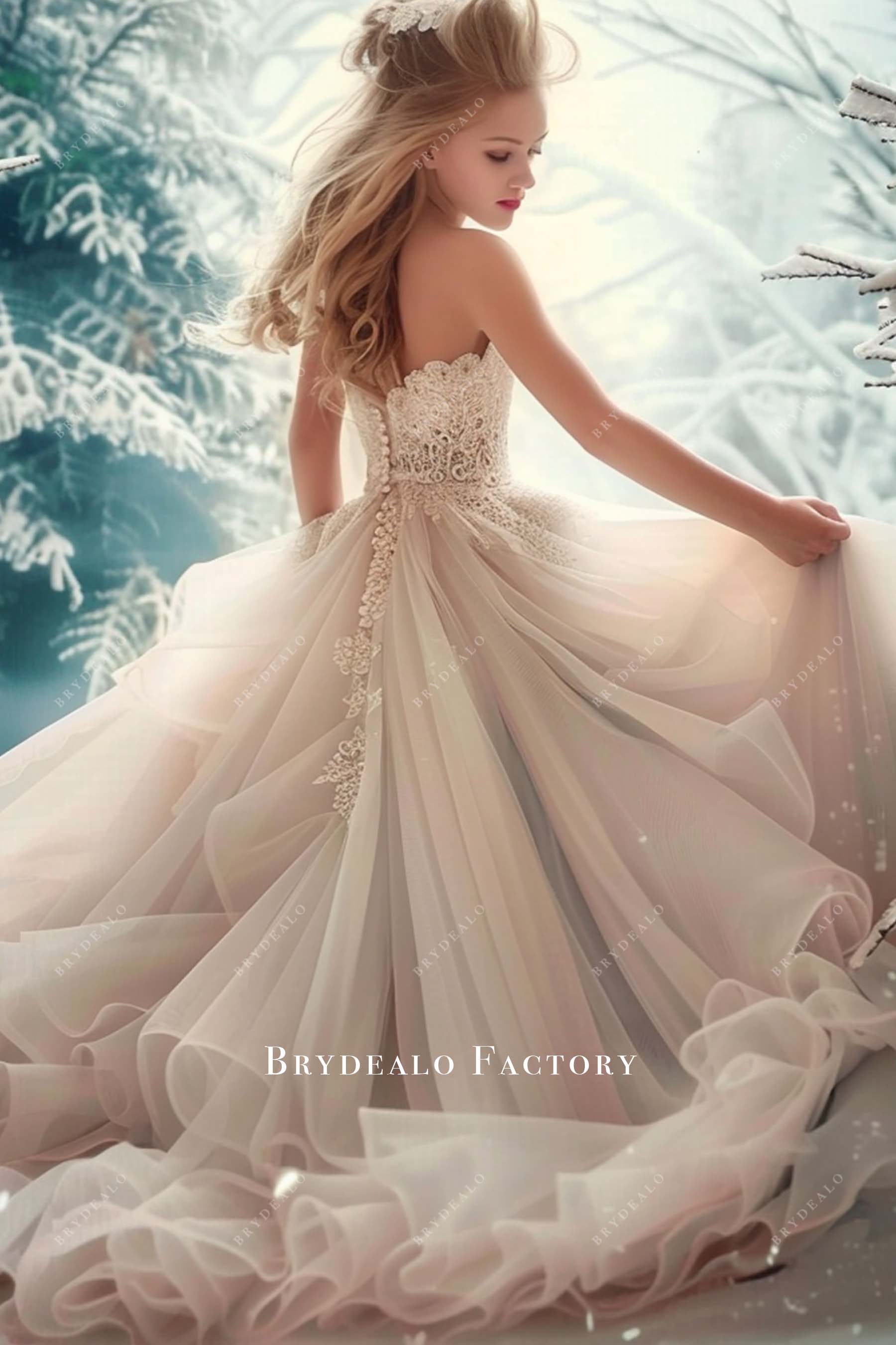 Scalloped Lace Mid Back Puffy Tulle Wavy Flower Girl Dress
