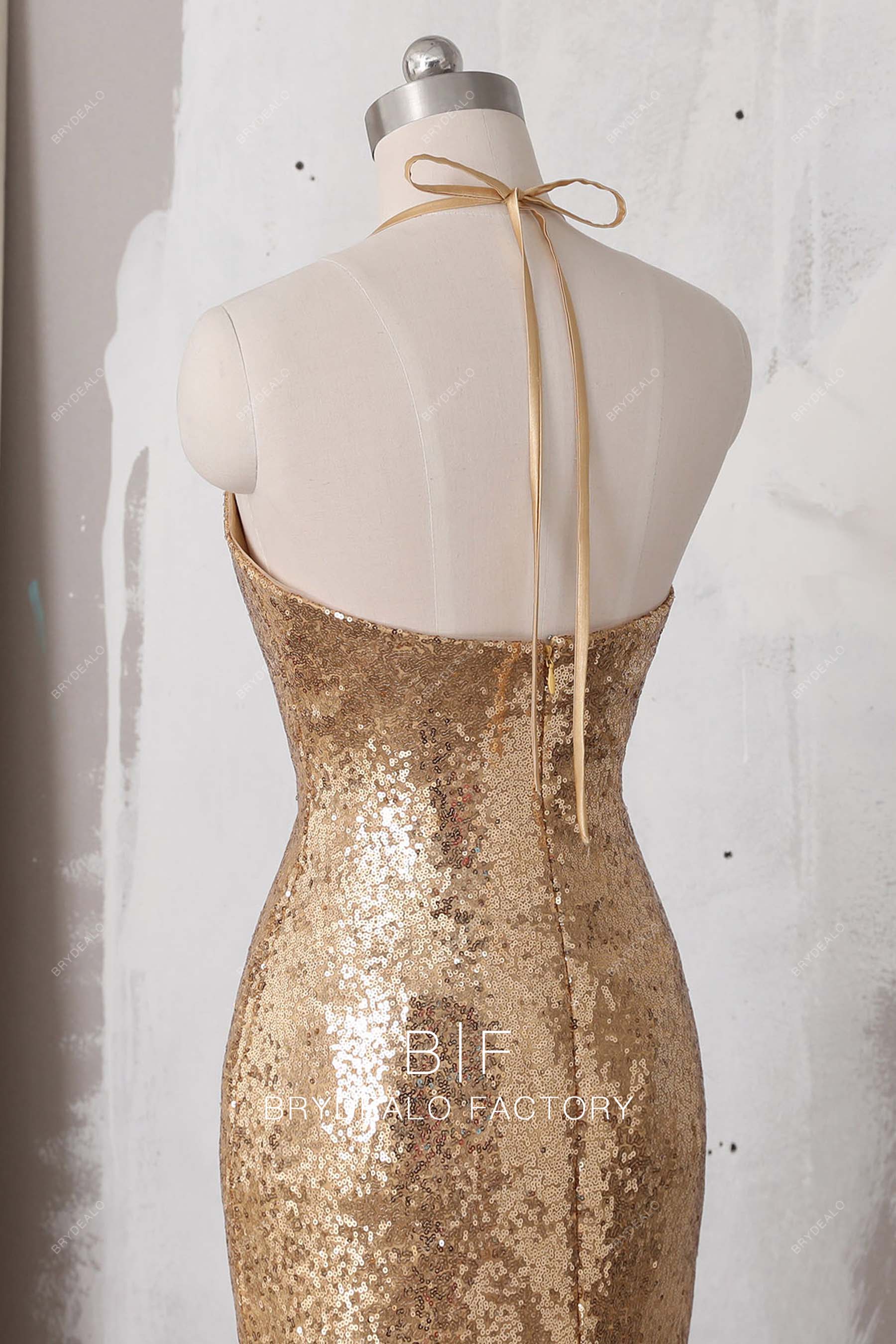 open back halter strap gold sequin prom dress