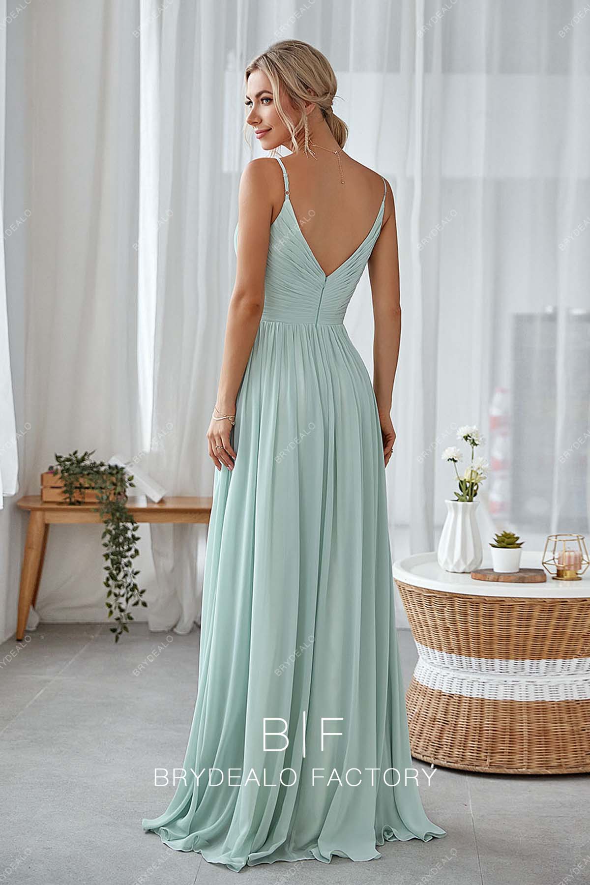 open back mint green chiffon bridesmaid dress