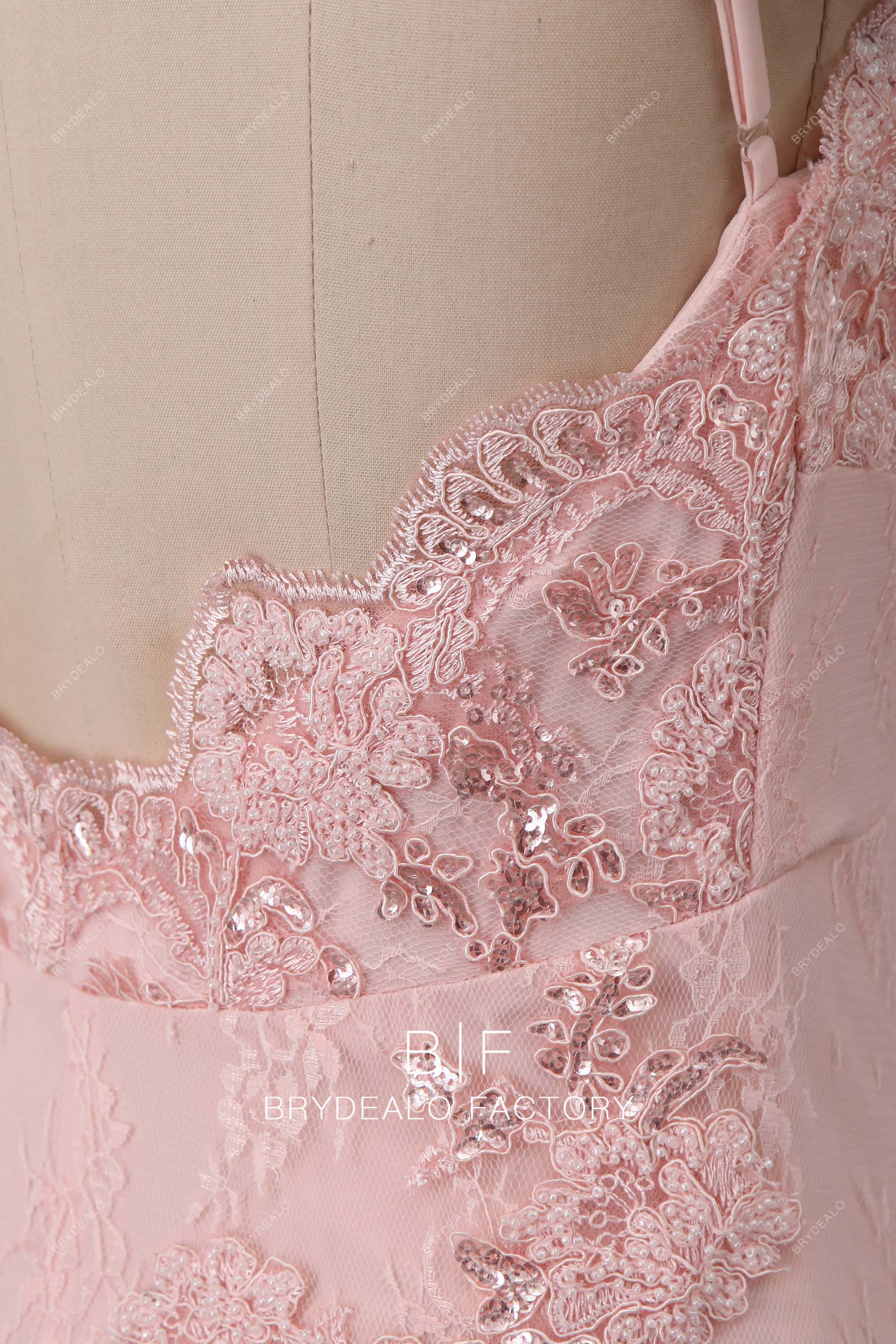 open back scalloped lace pearl pink formal dress