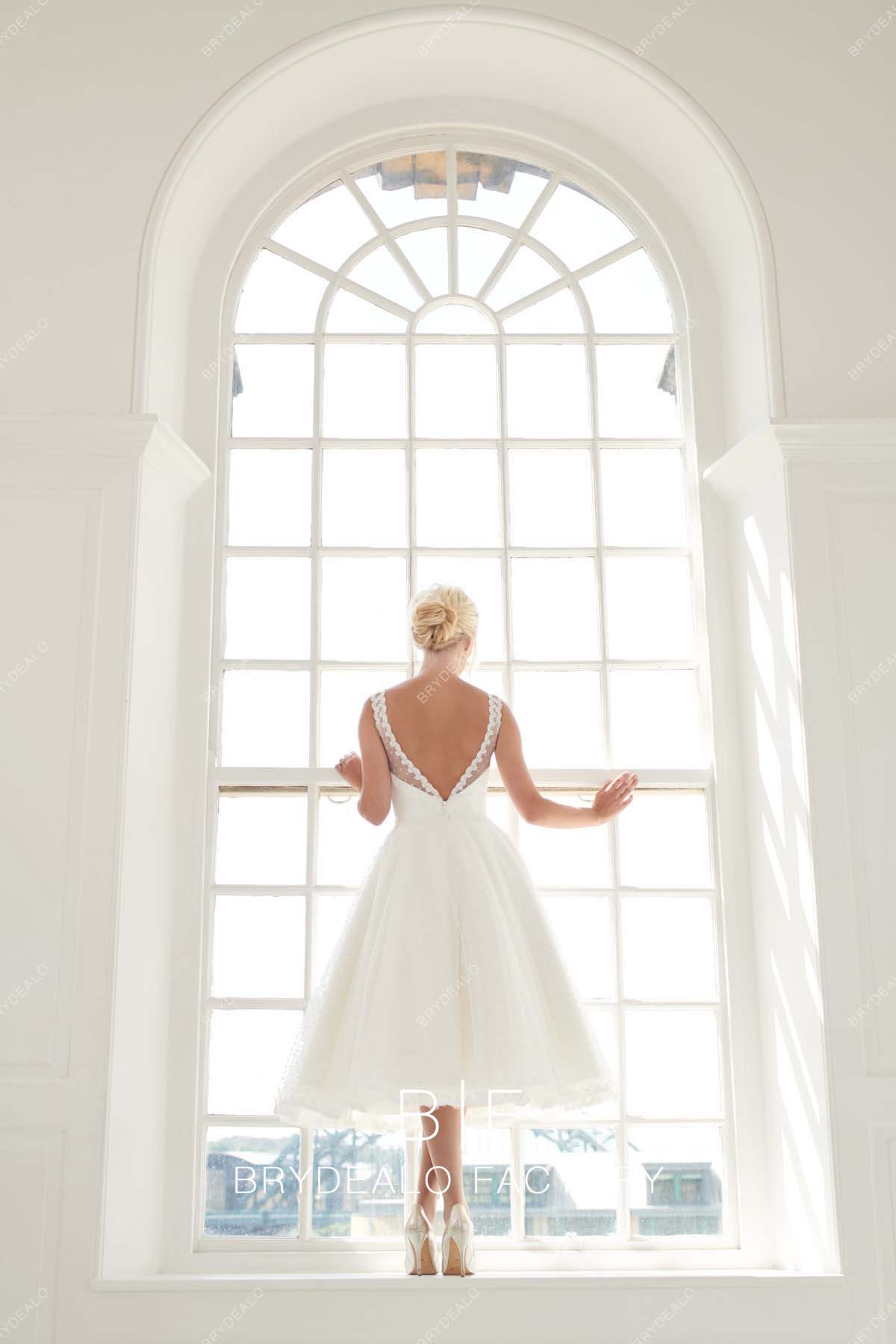 open back short lace pretty dot bridal gown