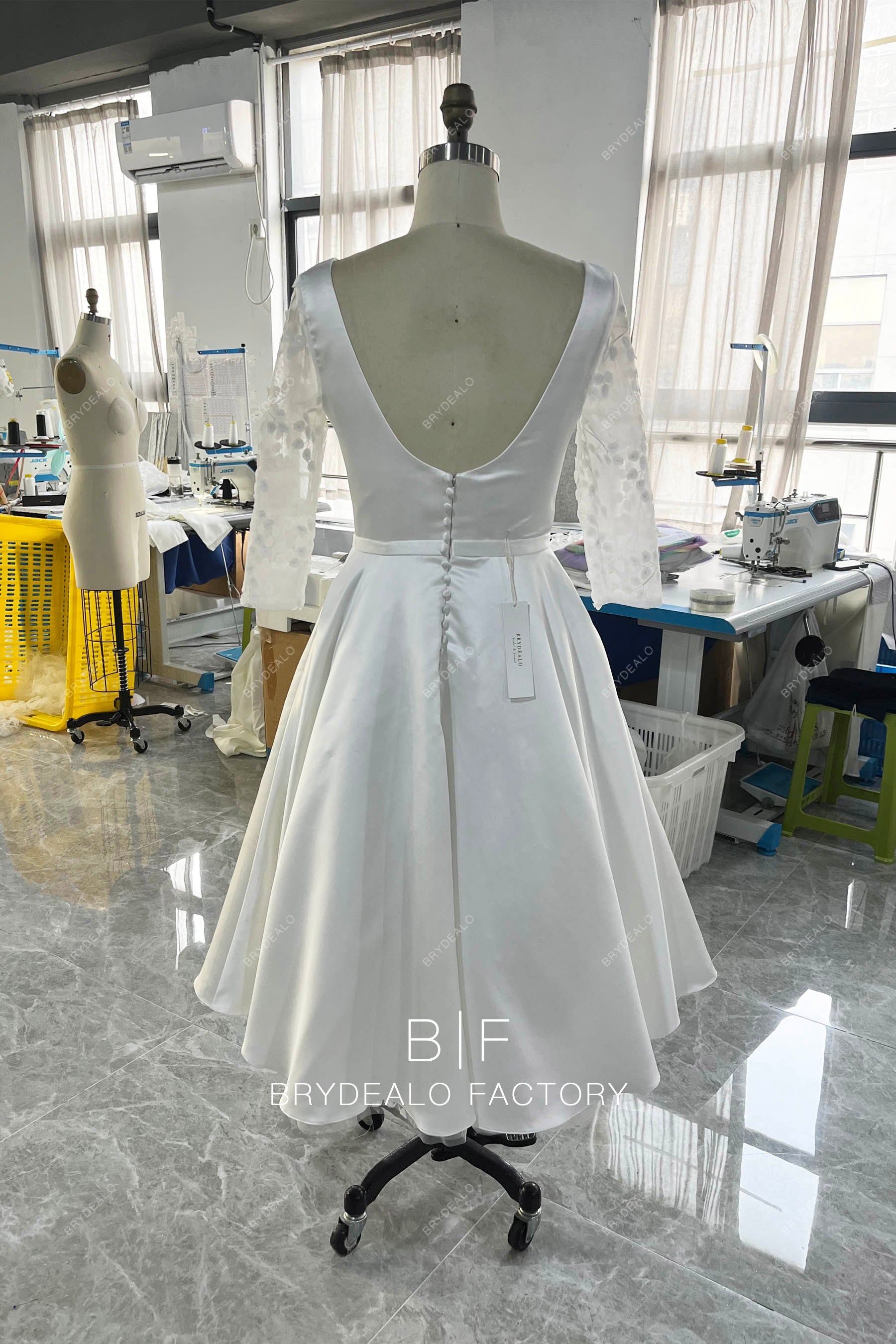 open back short satin wedding gown