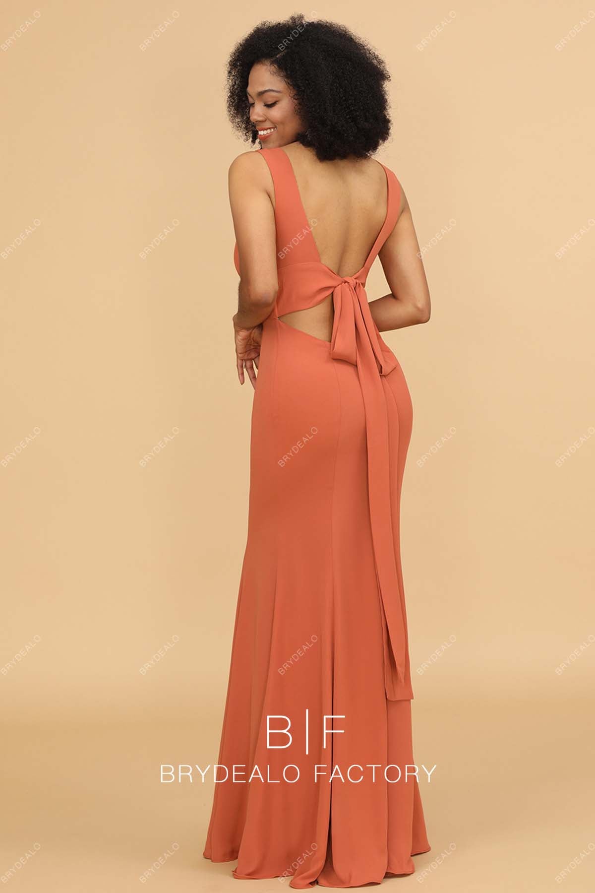Open Back Floor Length Orange Fit and Flare Jersey Bridesmaid Dress