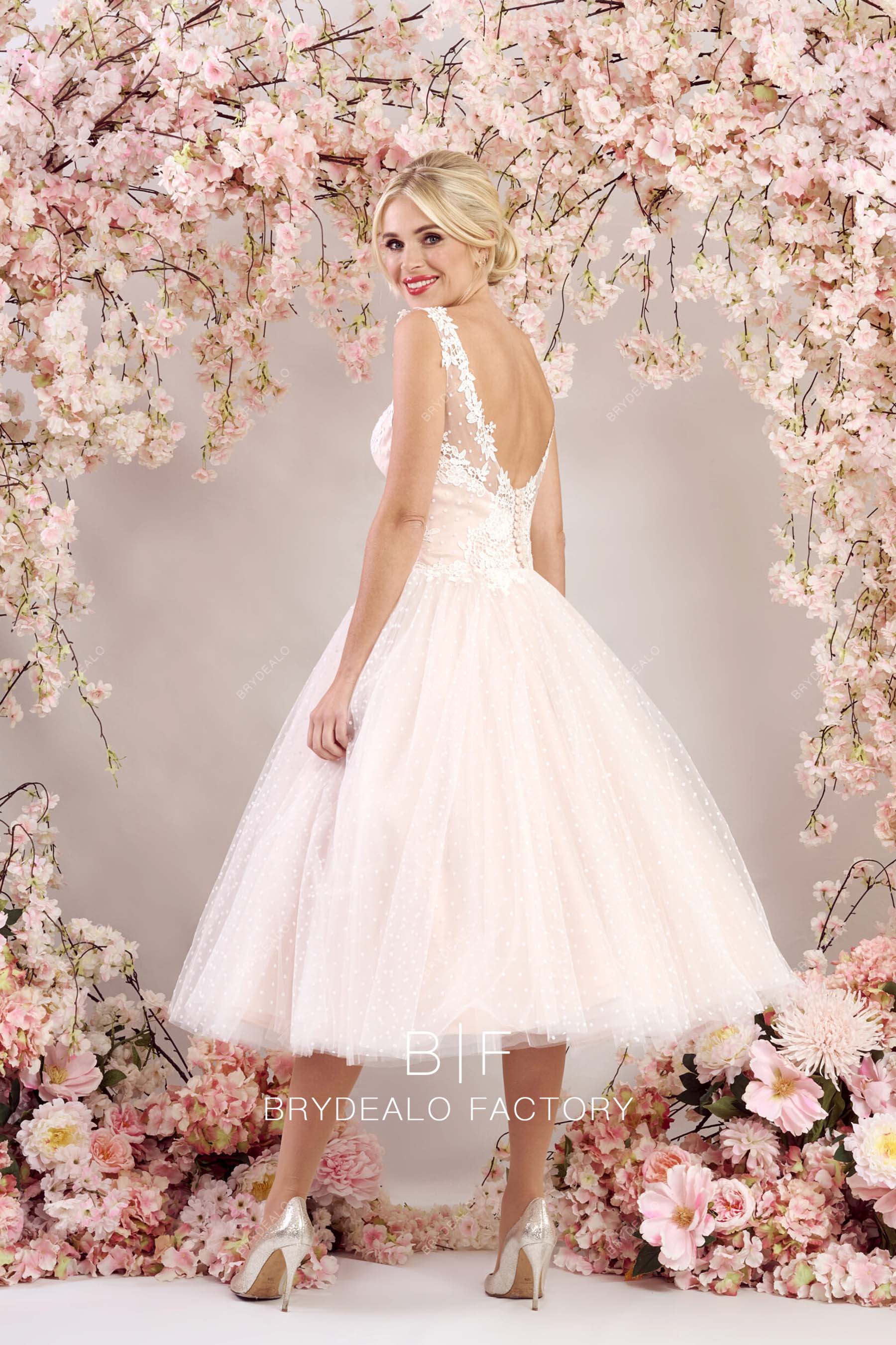 open back tea length pink bridal gown
