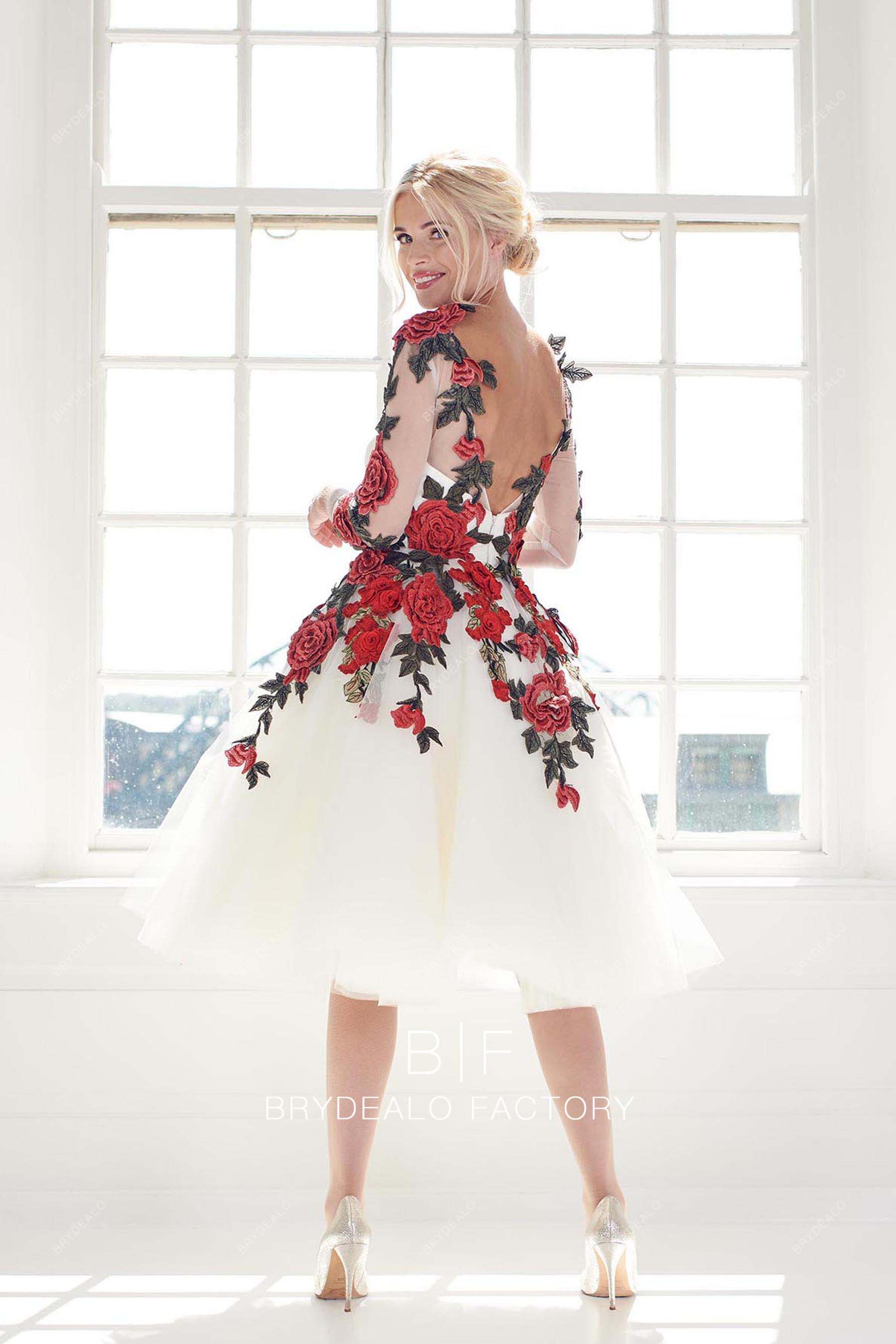 open V-back tea length romantic wedding gown