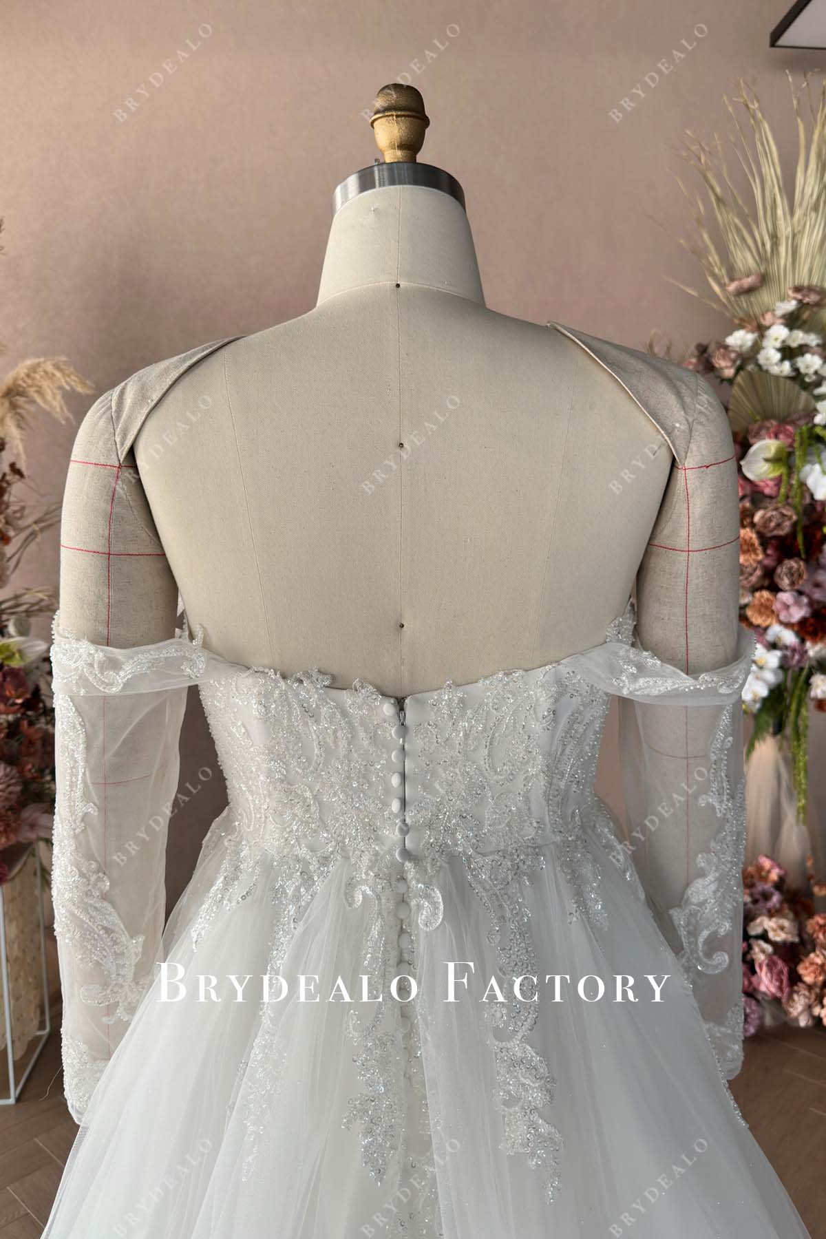 open back long sleeves off shoulder wedding dress