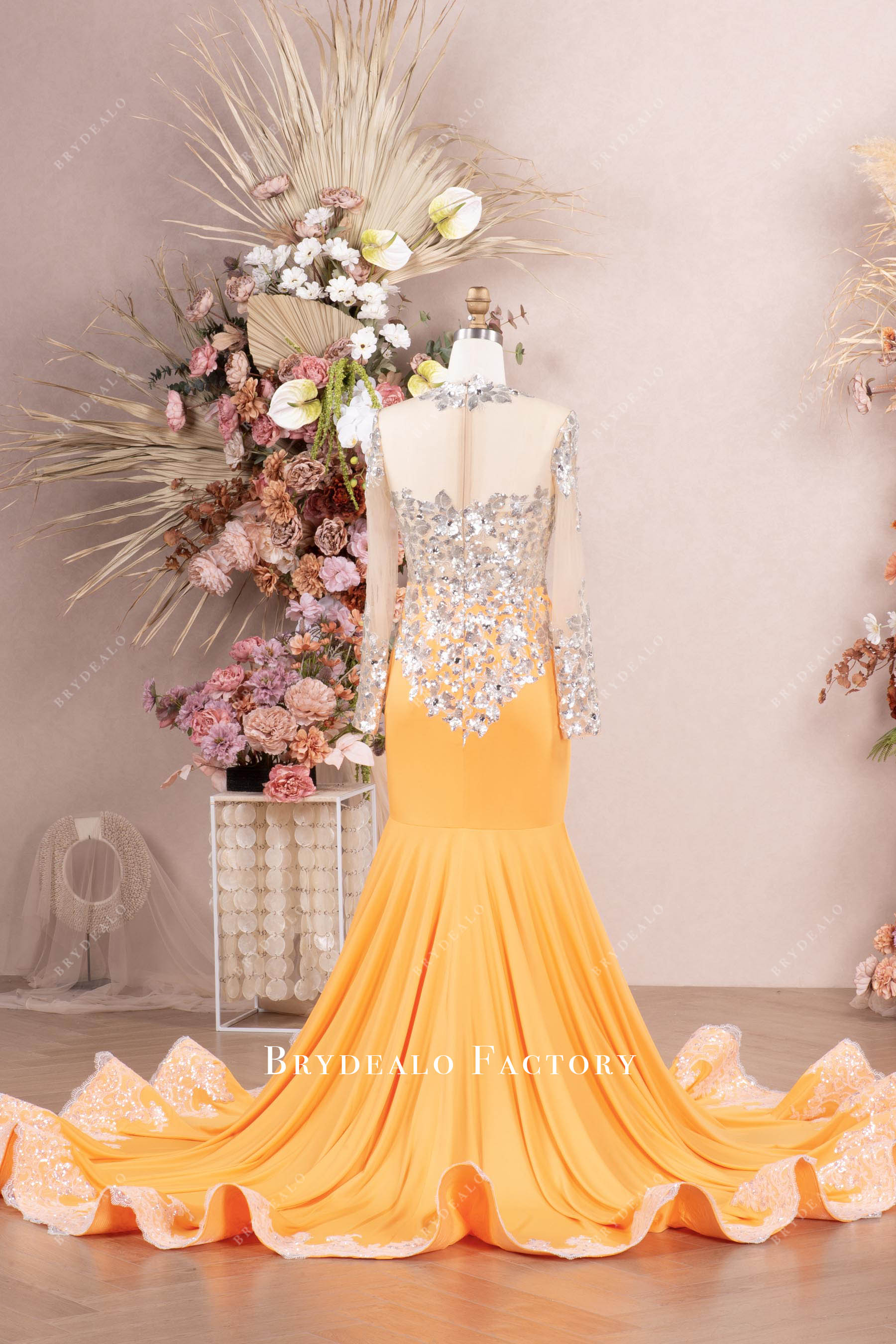orange jersey long mermaid prom dress