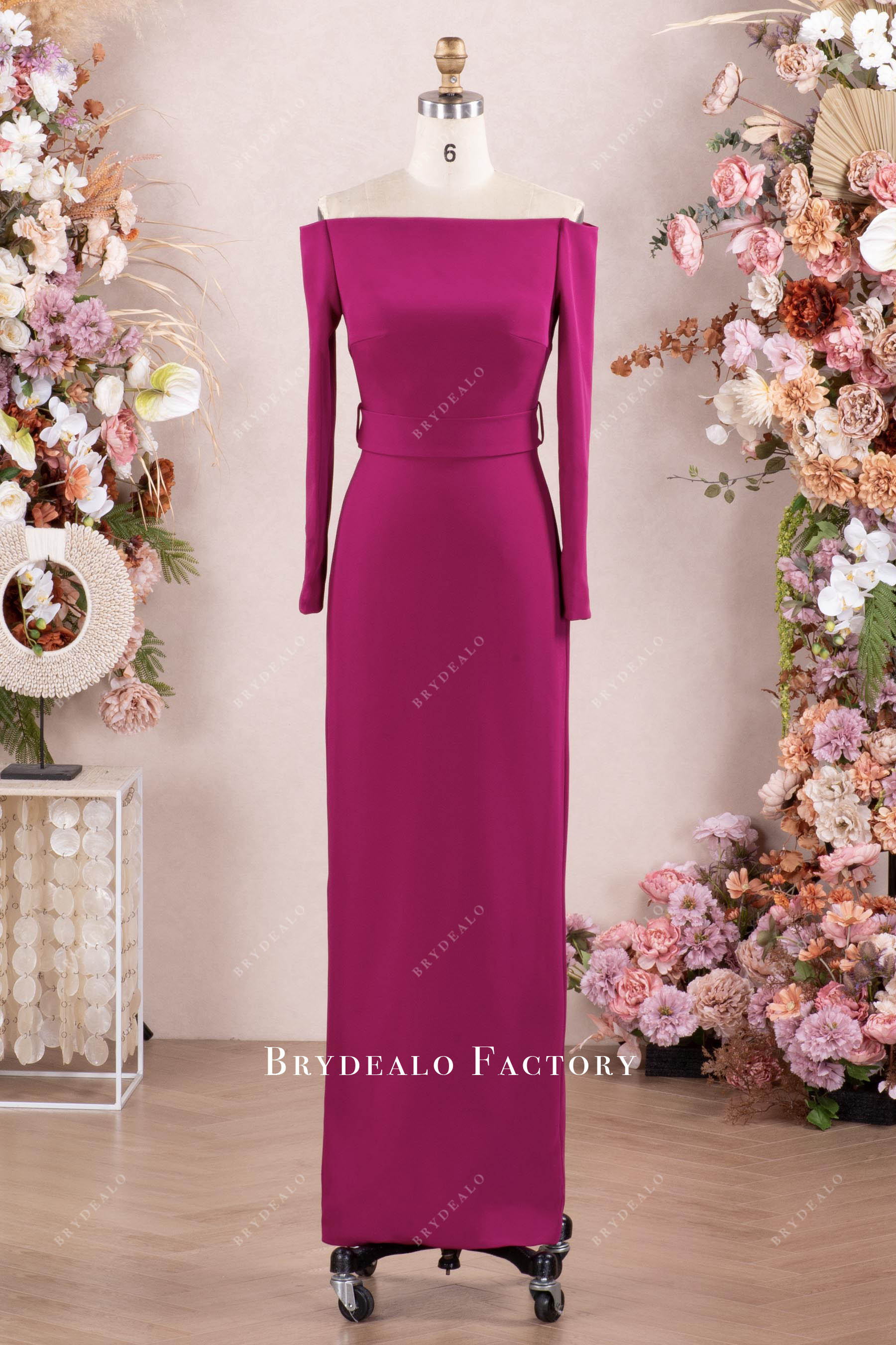 Orchid Off Shoulder Straight Across Neck Crepe Bridesmaid Prom Dress