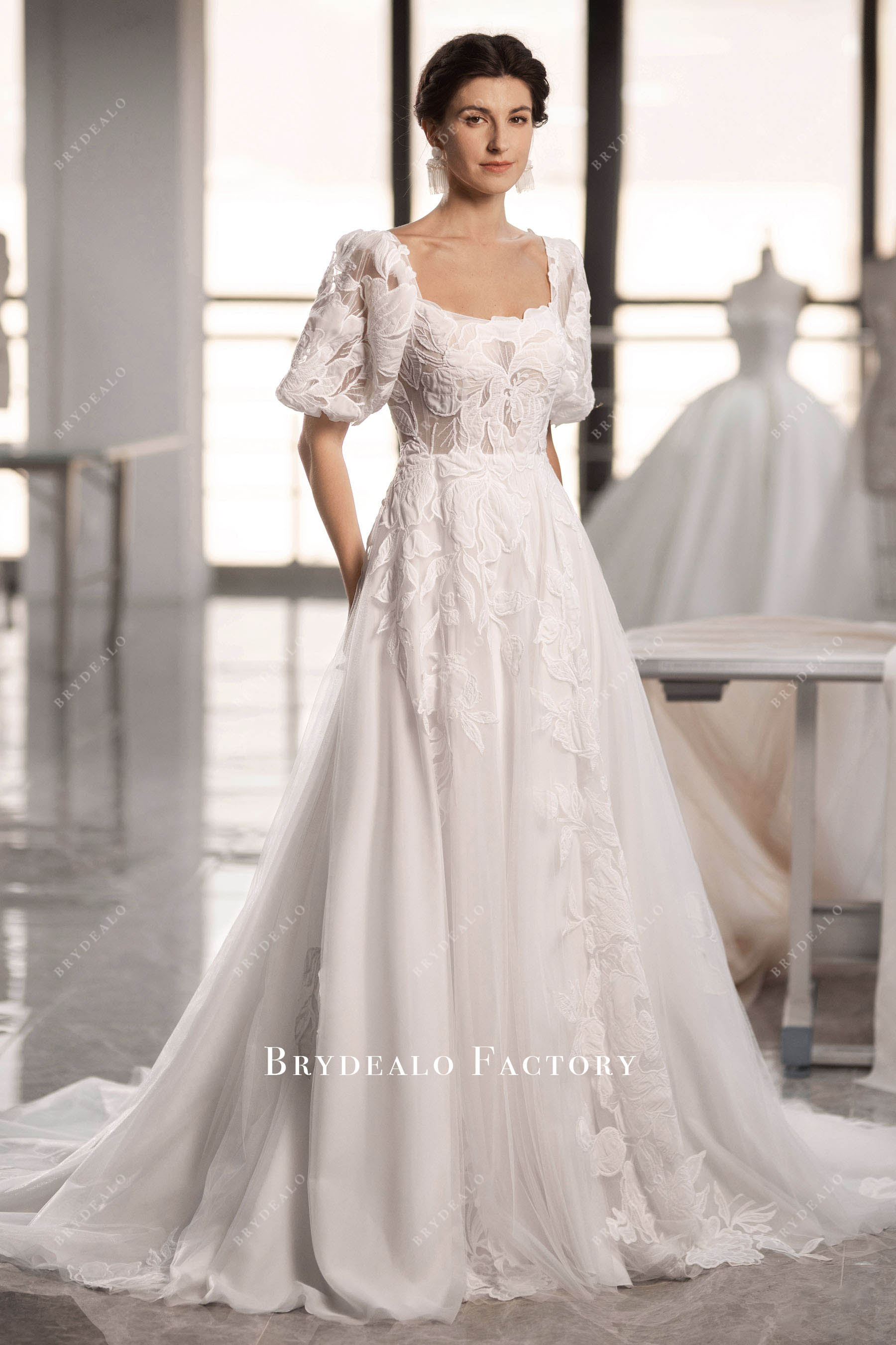 organic flower lace Aline wedding dress sample