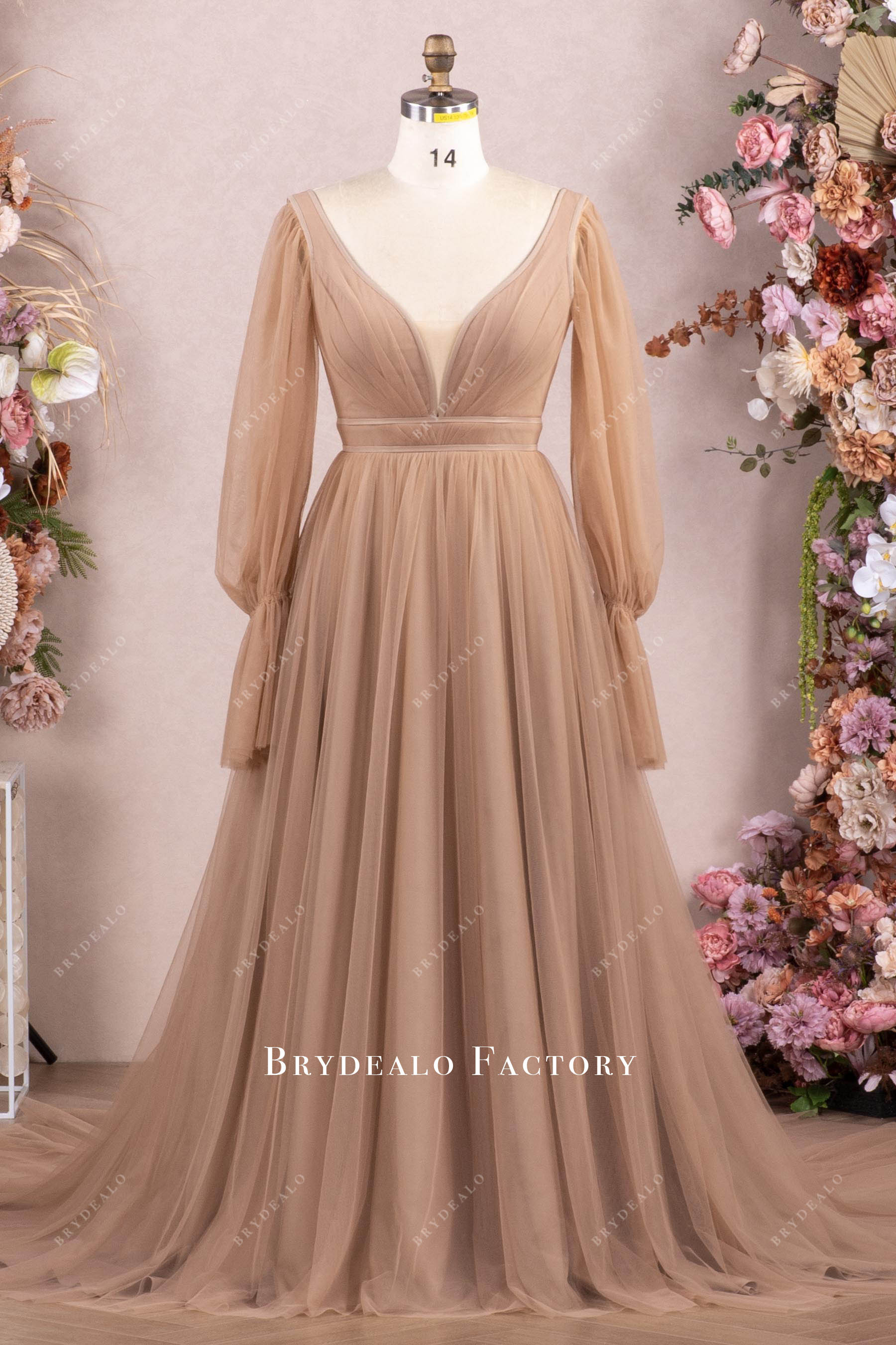 oyster tulle plunging Aline wedding dress