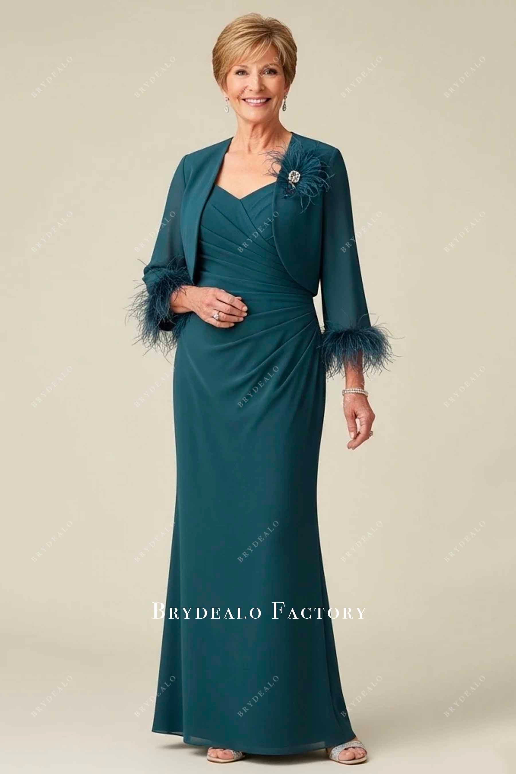 chinese dress ladies Peacock Fit Flare Mother Bride Dress with Ostrich Feather Jacket
