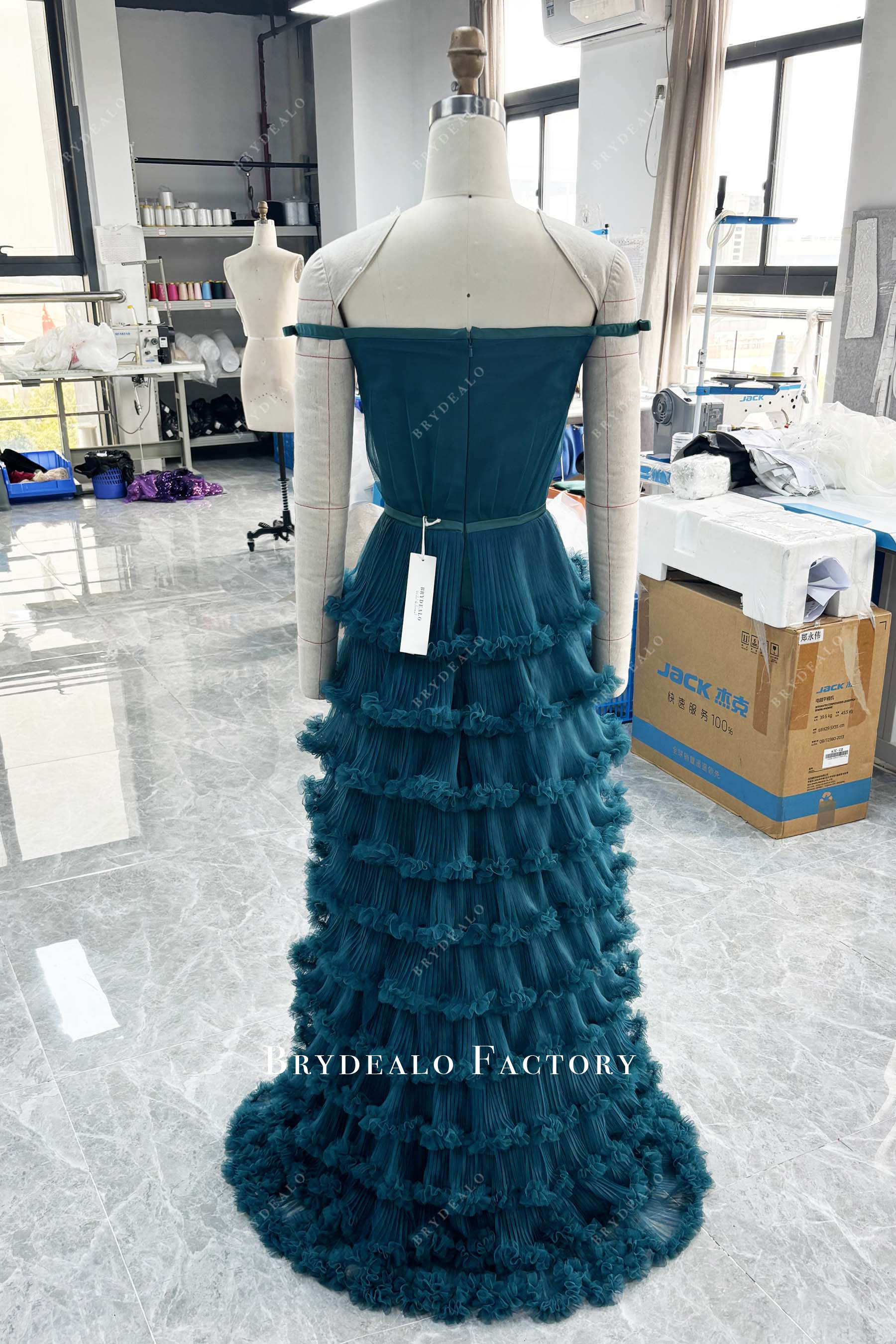 peacock ruffled formal dress