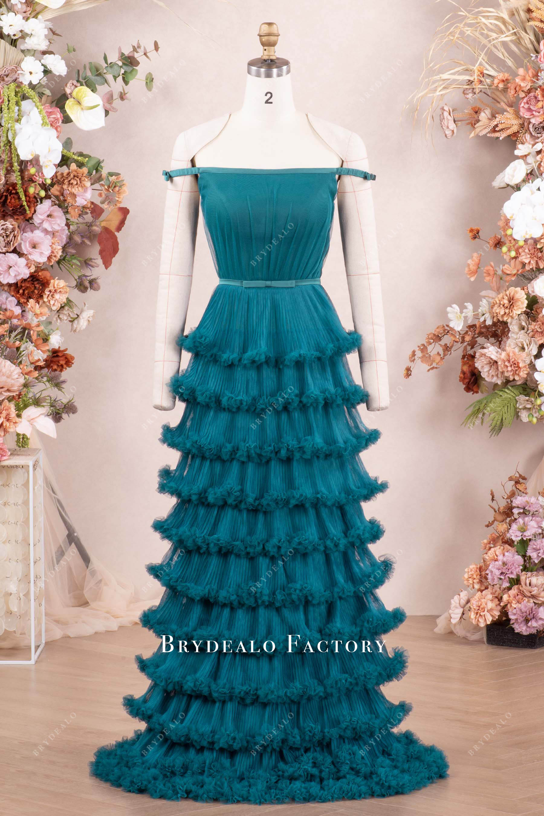 royal blue satin bridesmaid dresses Off-Shoulder Ruffle Dress in Blue main image 1