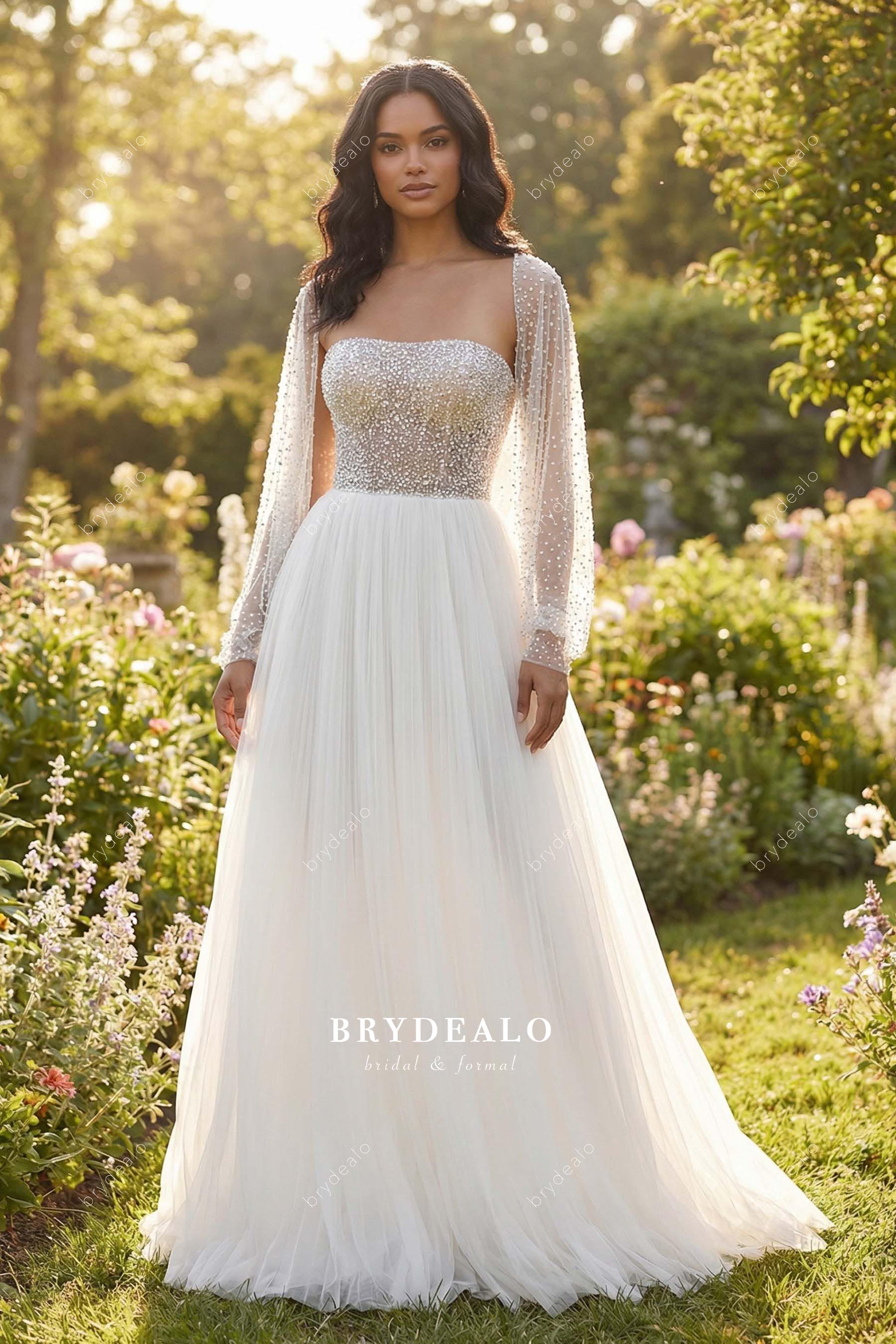 Pearl Crystal Cape Pleated Tulle Wedding Dress
