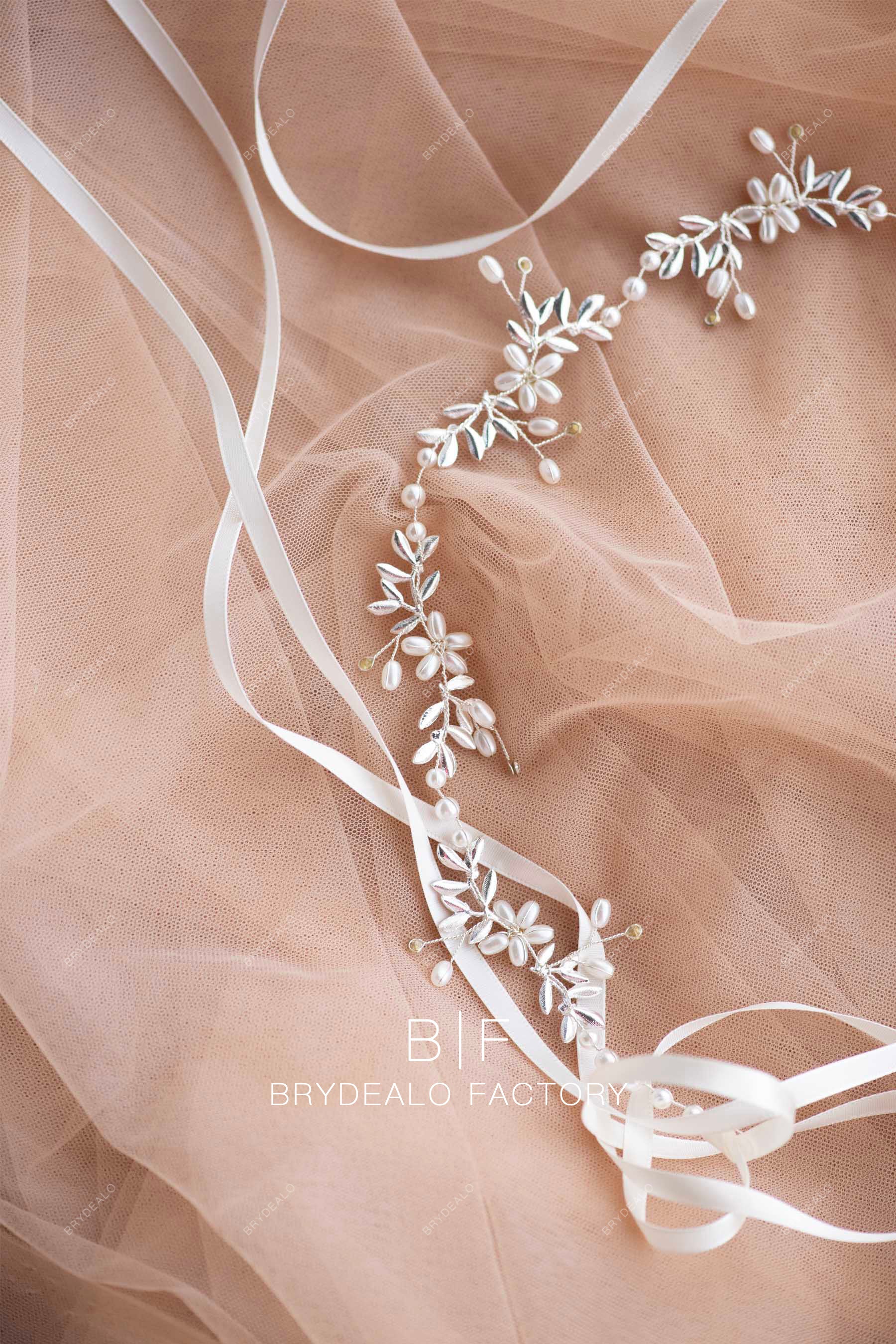 pearl rhinestone bridal hairpiece with ribbons