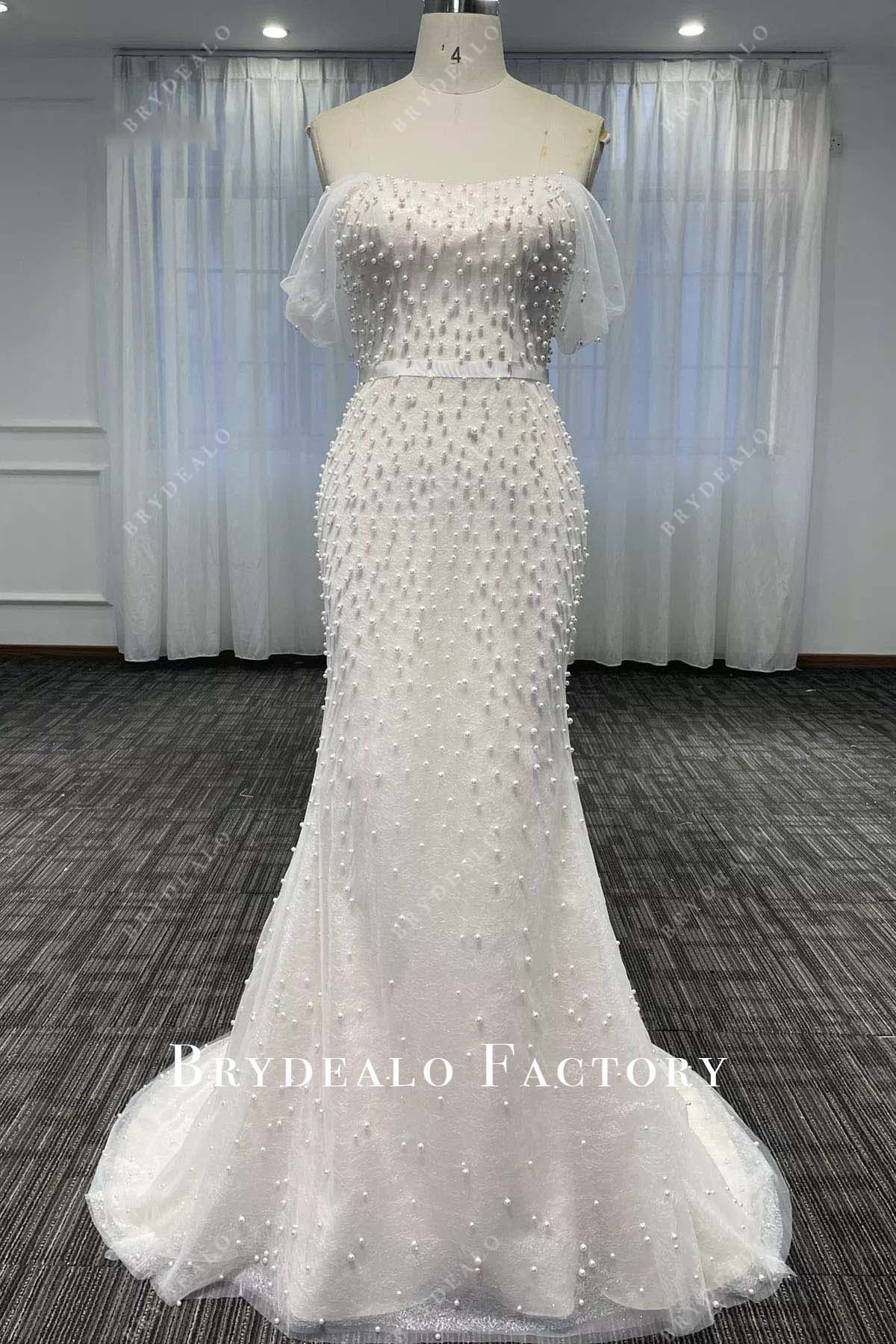 pearls off shoulder mermaid wedding dress