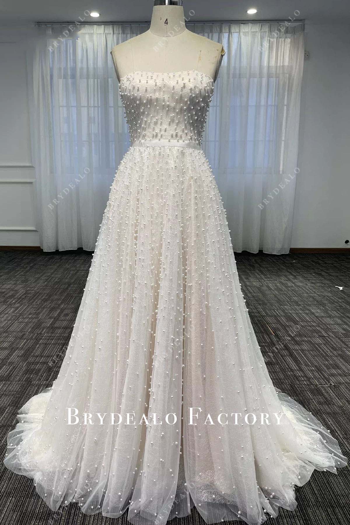 pearls strapless a line wedding dress